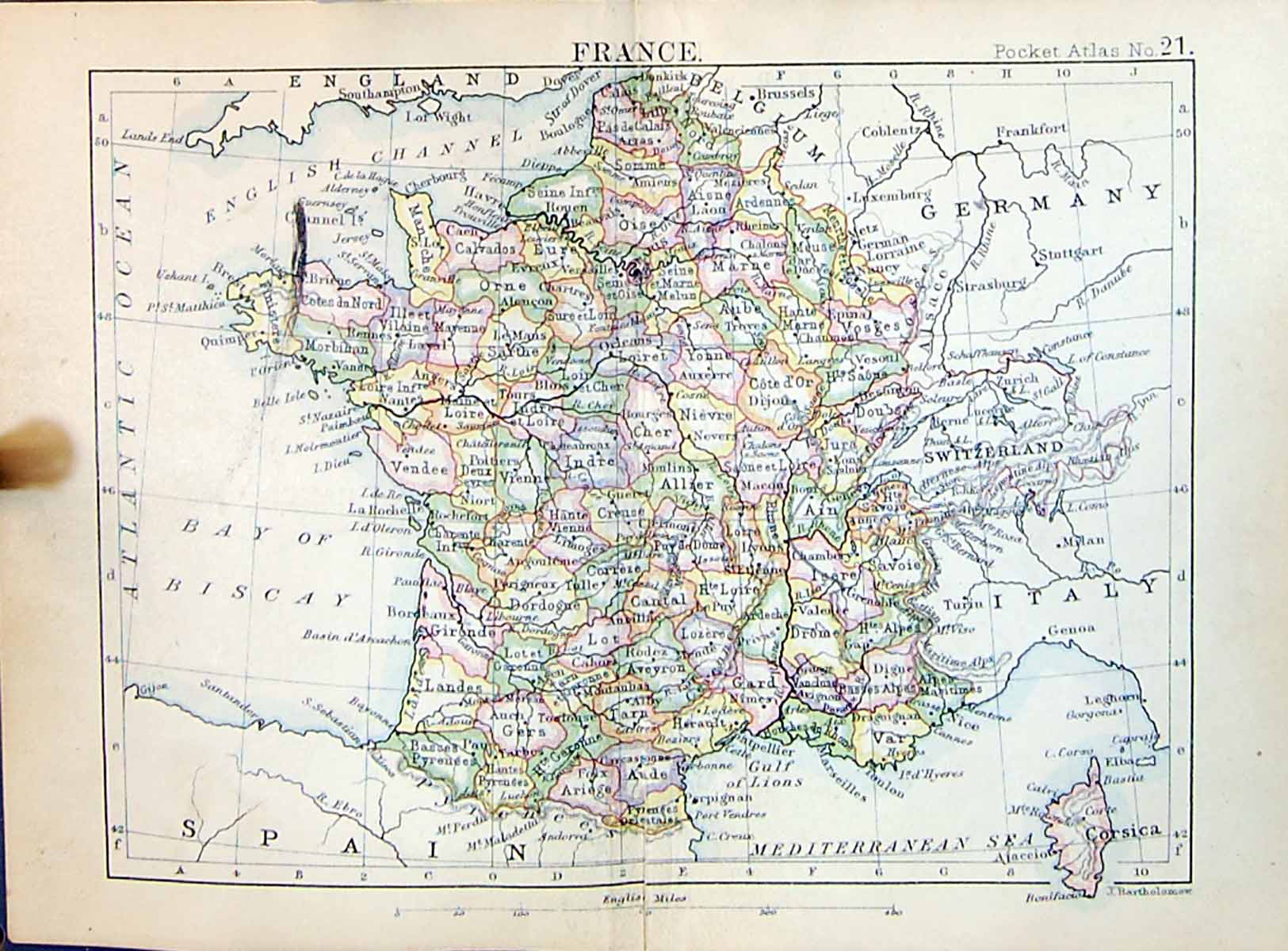 Old Bartholomew Map 1886 France Bay Biscay English Channel Gulf Lions Victorian