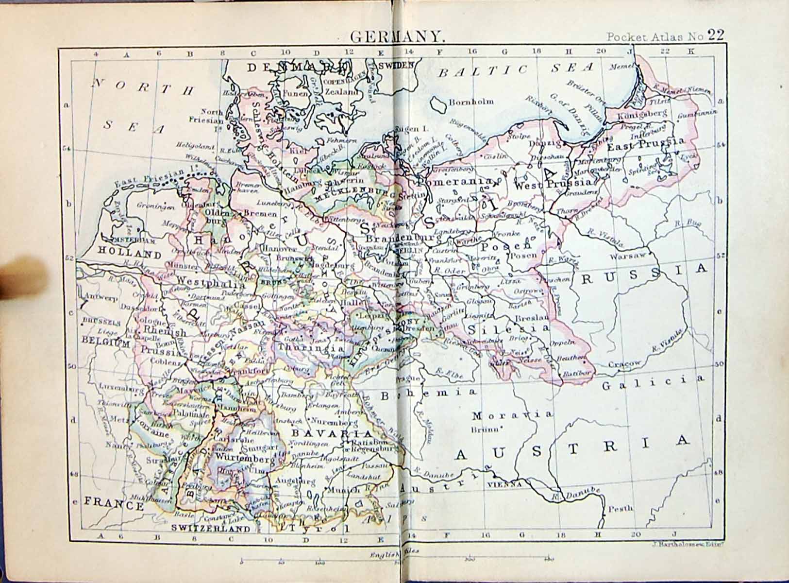 Old Bartholomew Map 1886 Germany Westphalia Mecklenburg Prussia Siles Victorian