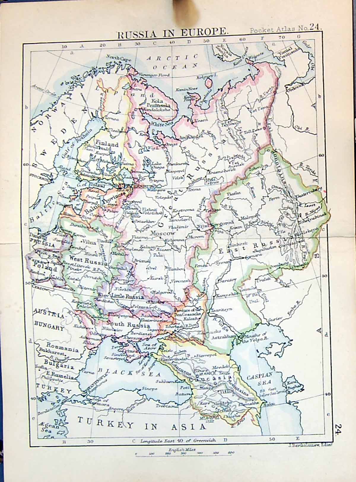Antique Old Print Bartholomew Map 1886 Europe Russia Arctic Ocean Caspian Sea