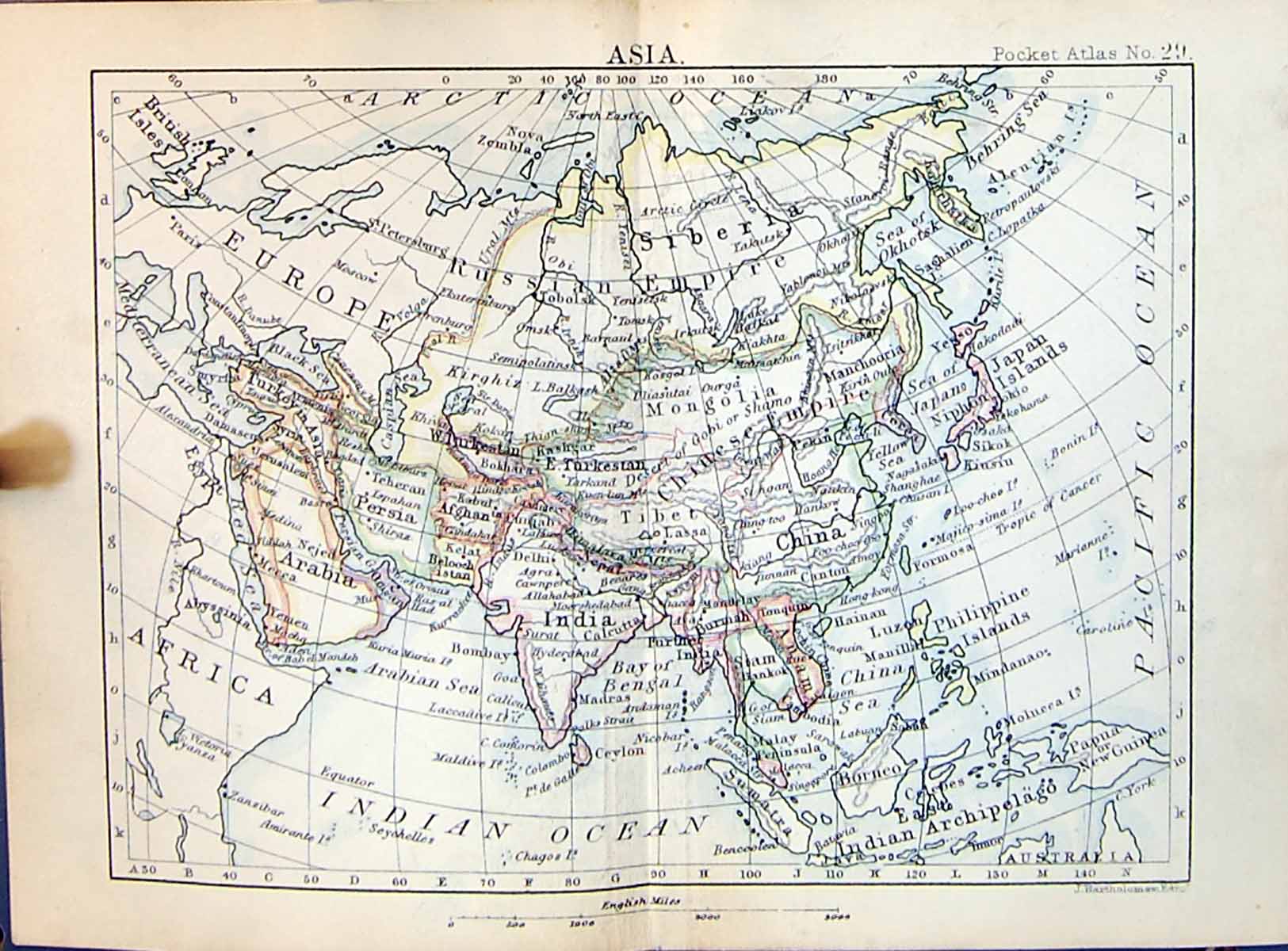 Old Bartholomew Map 1886 Asia India Arabia China Persia Tibet Turkest Victorian
