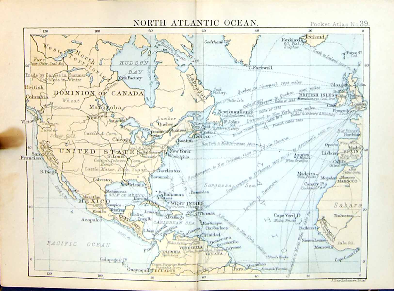 Old North Atlantic Ocean Canada America British Isles Bartholomew Map