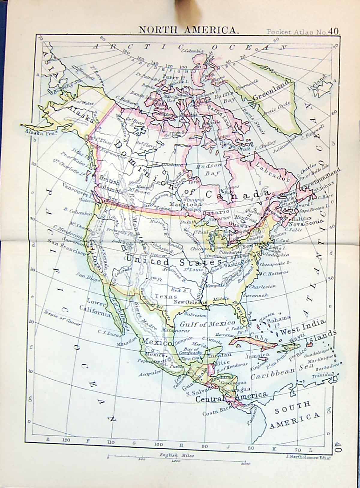 Old Bartholomew Map 1886 North America Canada Mexico Florida Alaska G Victorian