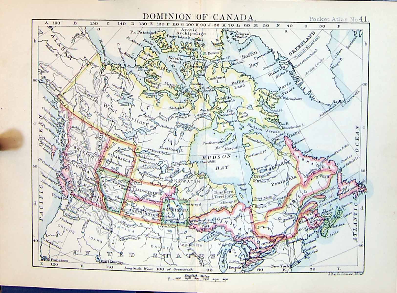 Antique Old Print Bartholomew Map 1886 Canada Hudson Columbia Quebec Ontario