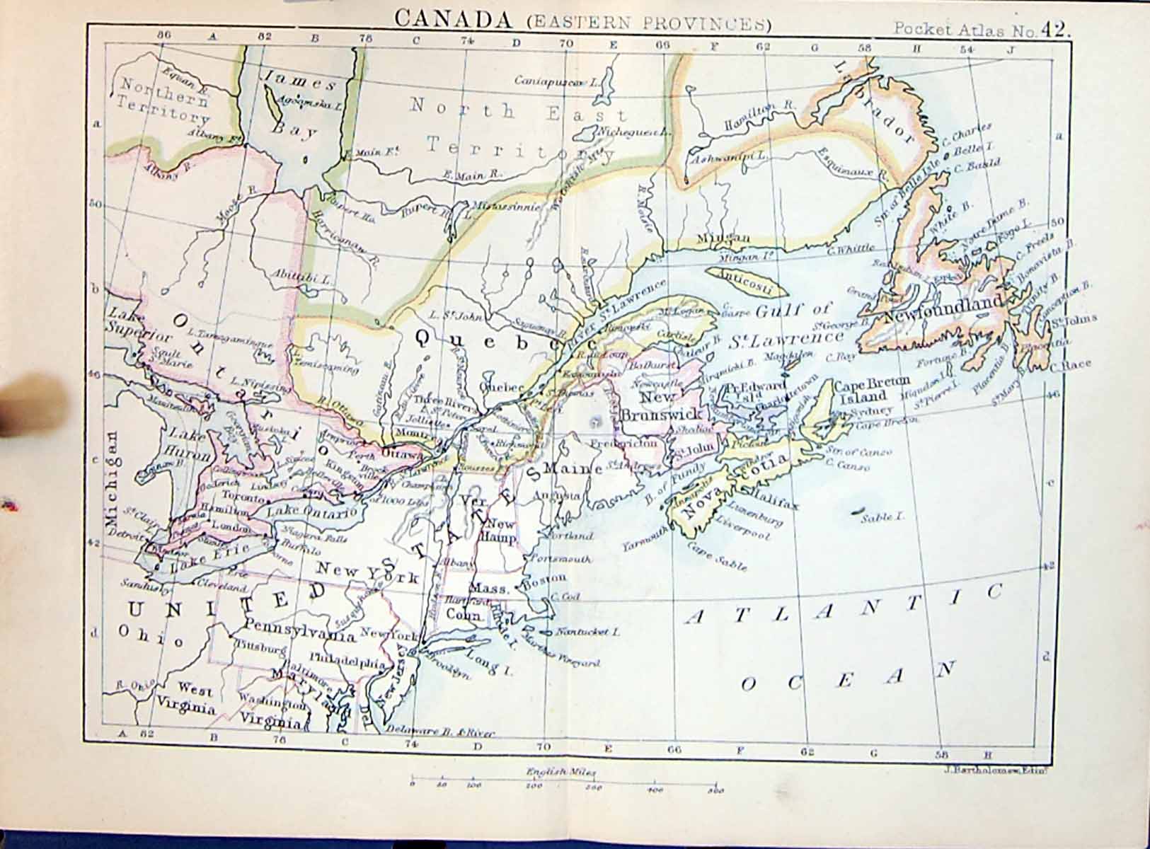 Old Bartholomew Map 1886 Canada Ontario Quebec Brunswick Newfoundland Victorian