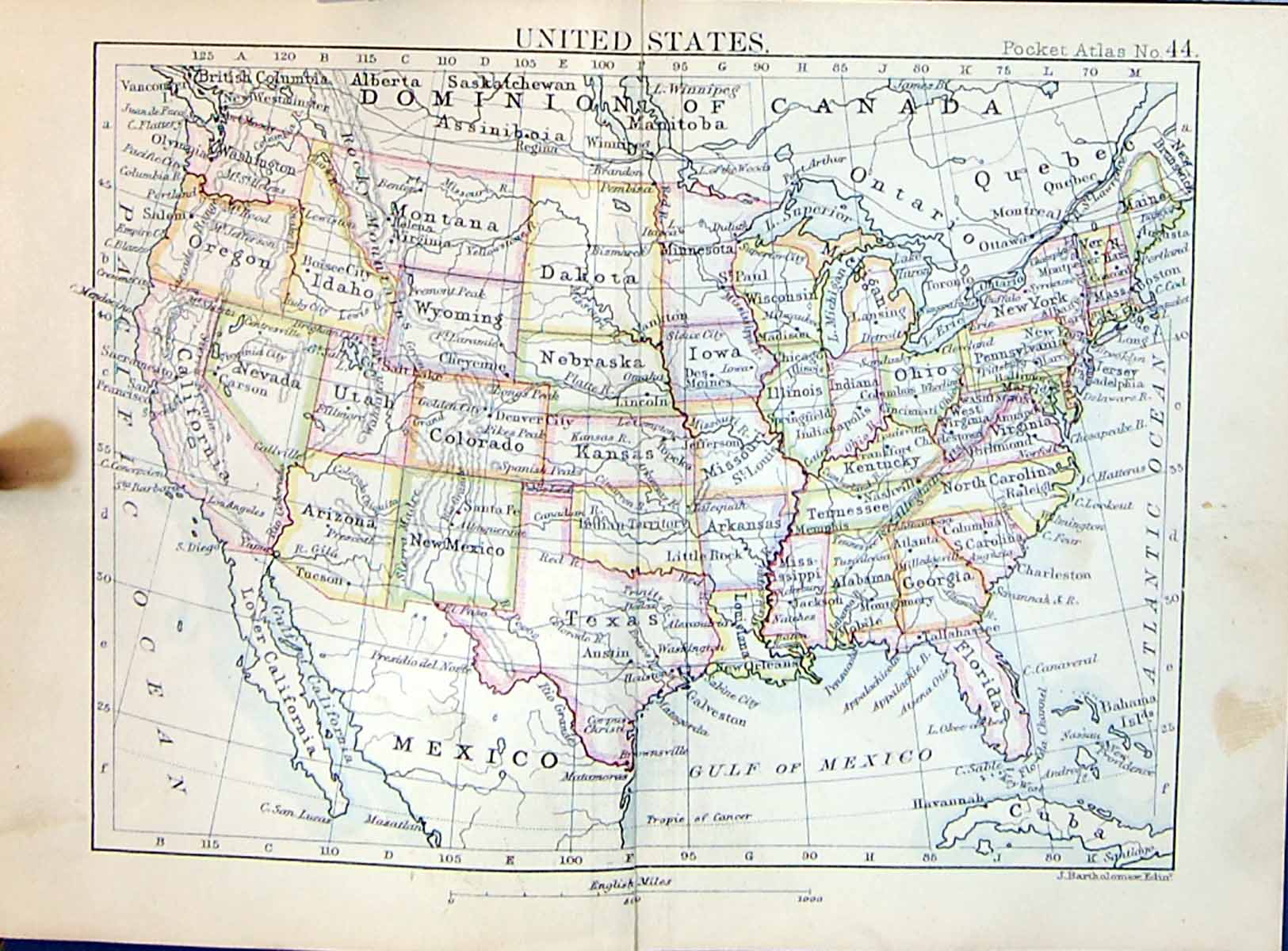 Old Bartholomew Map 1886 United States America Nebraska Iowa Nevada C Victorian