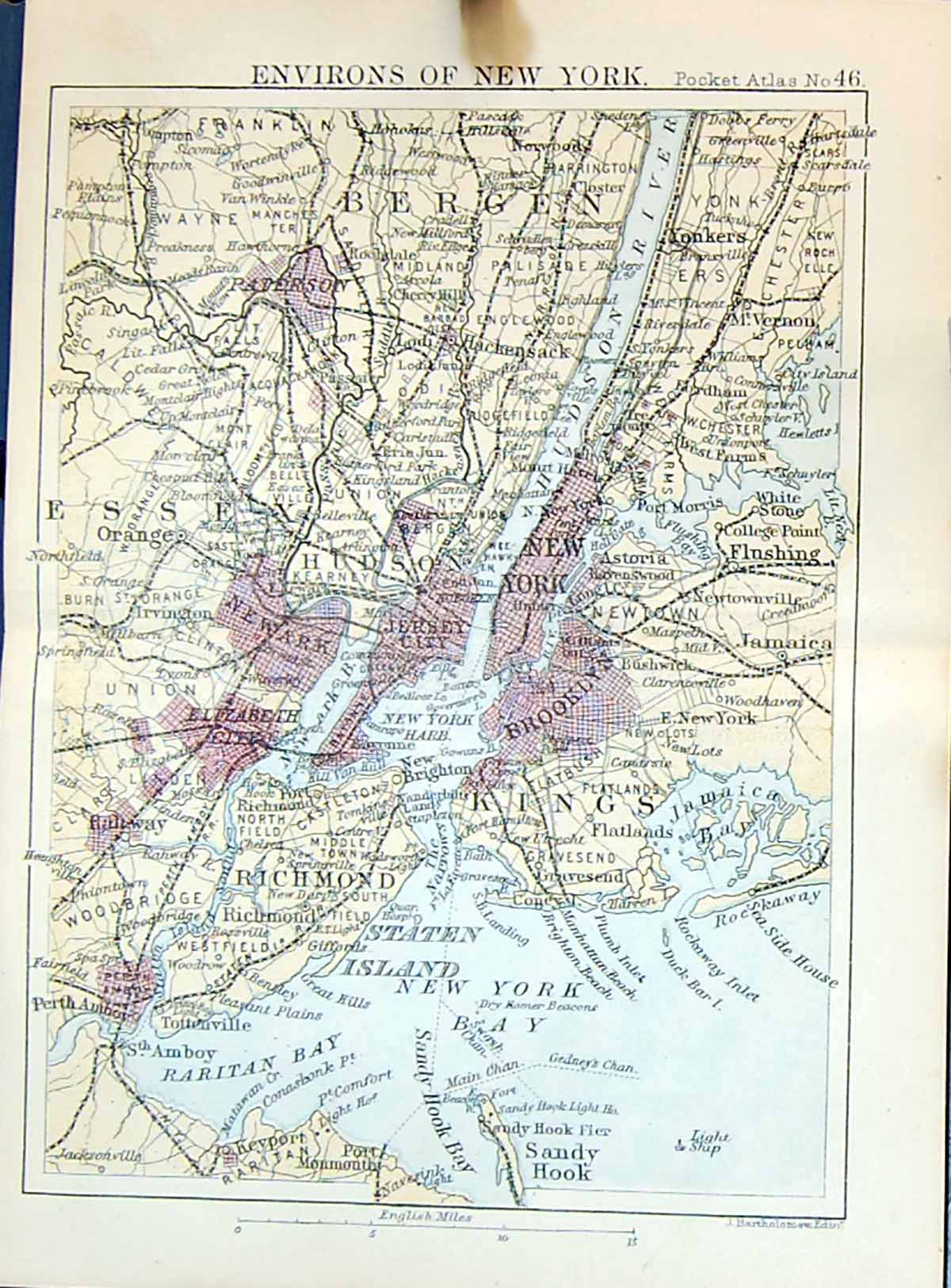 Old Bartholomew Map 1886 Environs New York America Richmond Hudson Ri Victorian