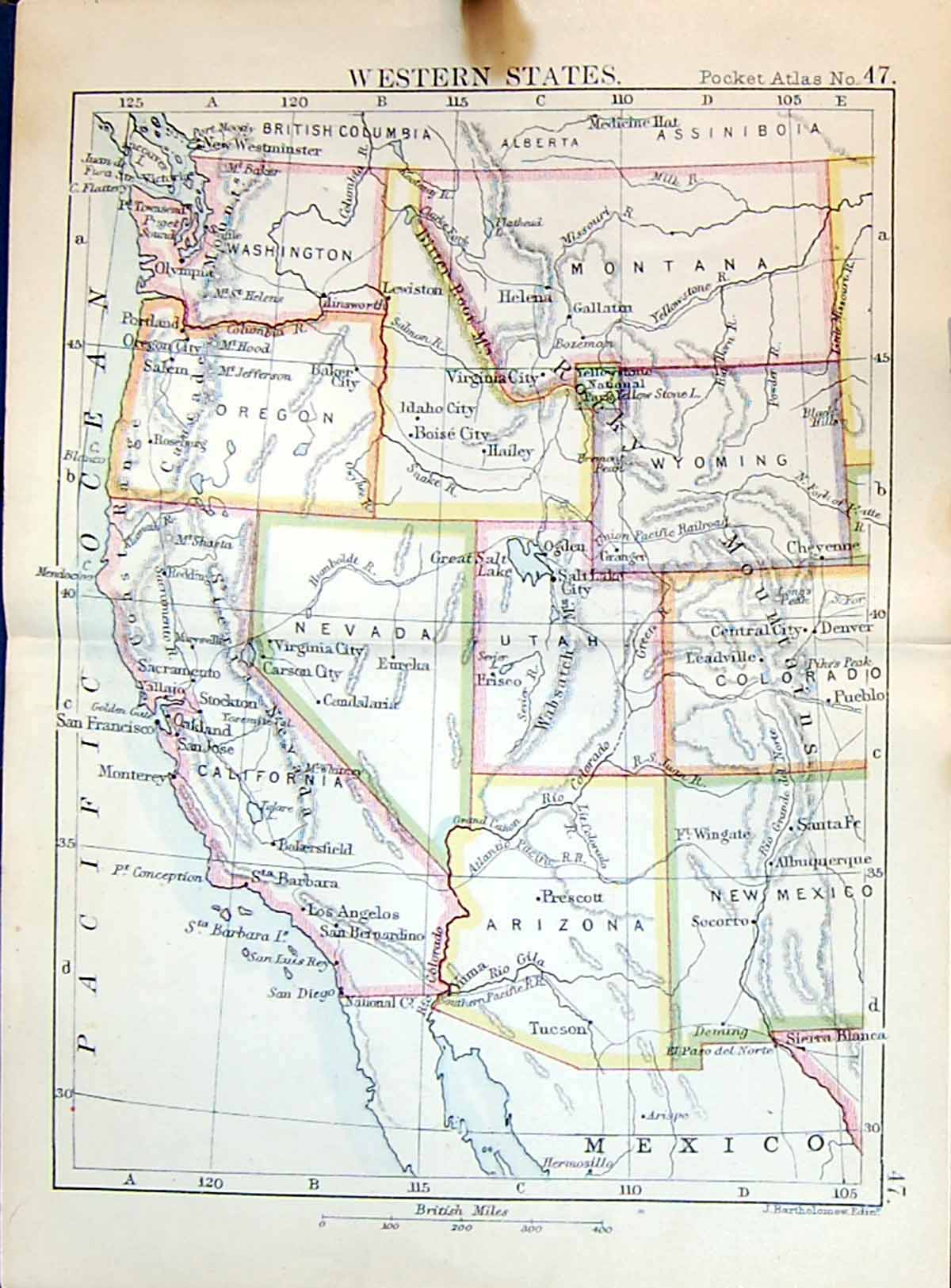 Old Bartholomew Map 1886 Western States America Nevada Arizona Califo Victorian