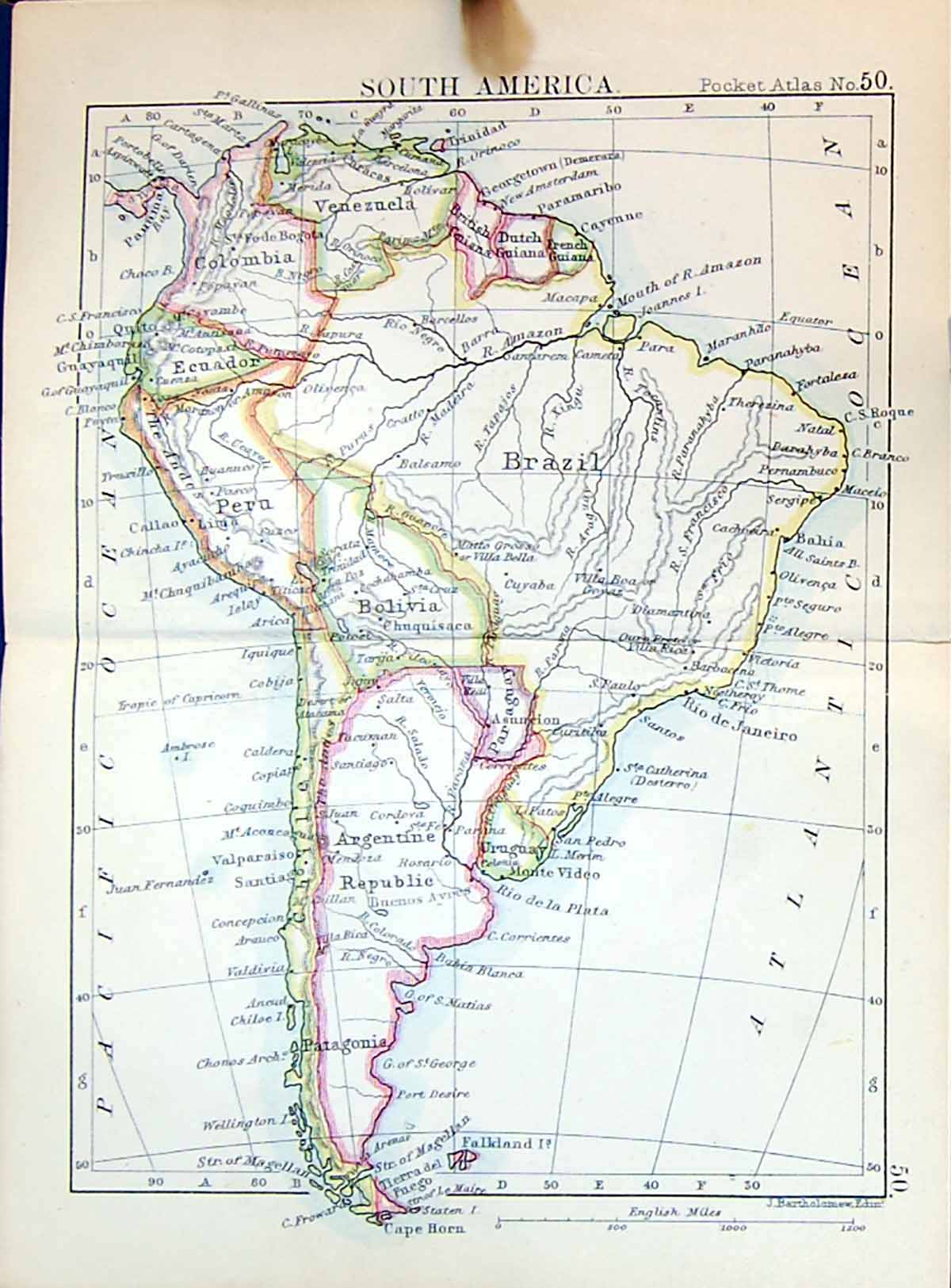 Old Bartholomew Map 1886 South America Brazil Argentine Republic Peru Victorian