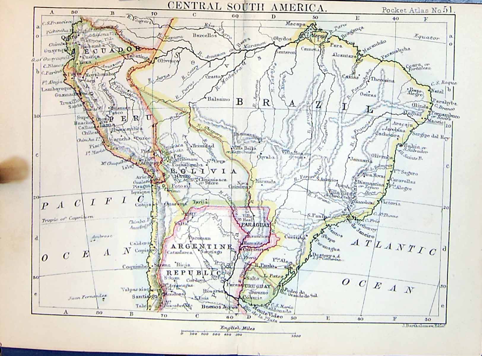 Old Bartholomew Map 1886 Central South America Brazil Bolivia Peru Ec Victorian