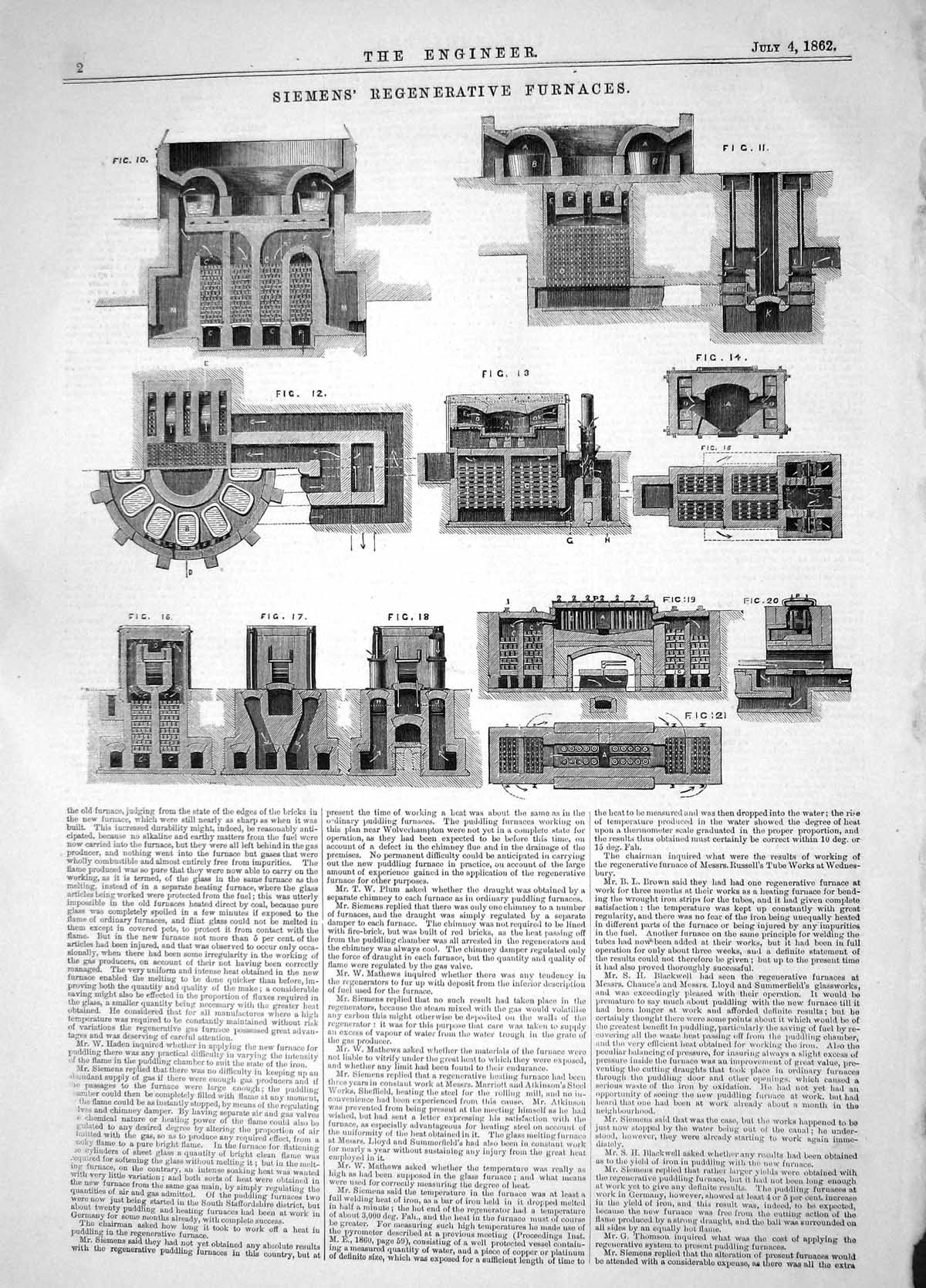 Antique Old Print Engineering 1862 Siemens Regenerative Furnaces Machinery 19th
