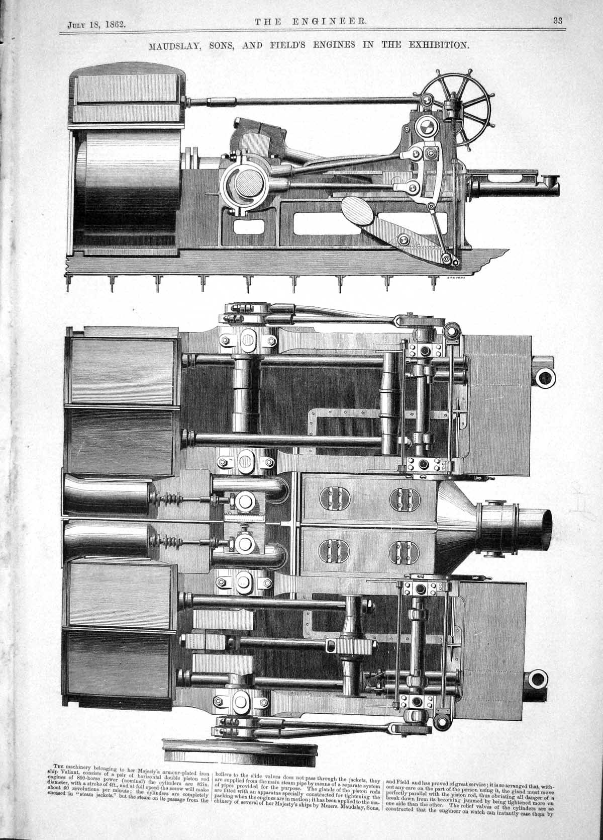 Antique Print Engineering 1862 Machinery Maudslay Field Engines Exhibition 19th