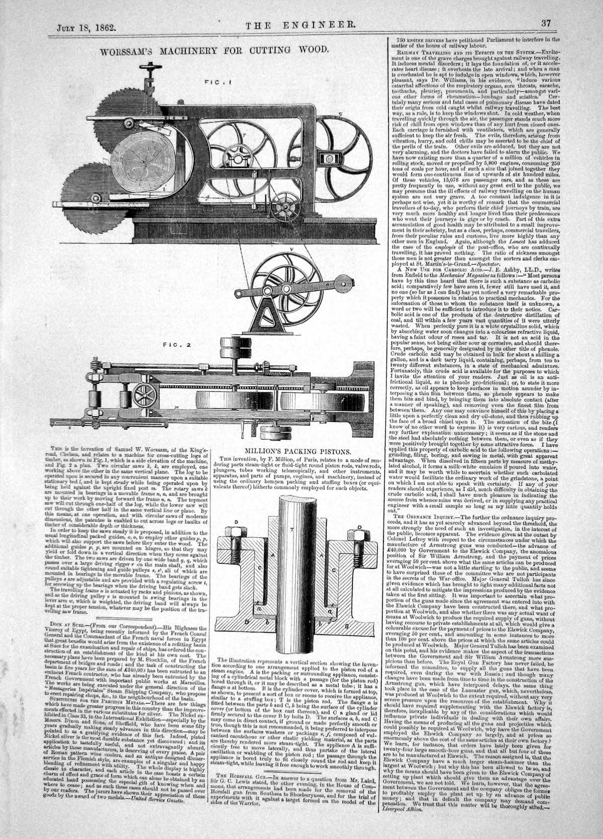 Antique Print 1862 Invention Samuel Worrsam Machinery Cutting Wood Million 19th
