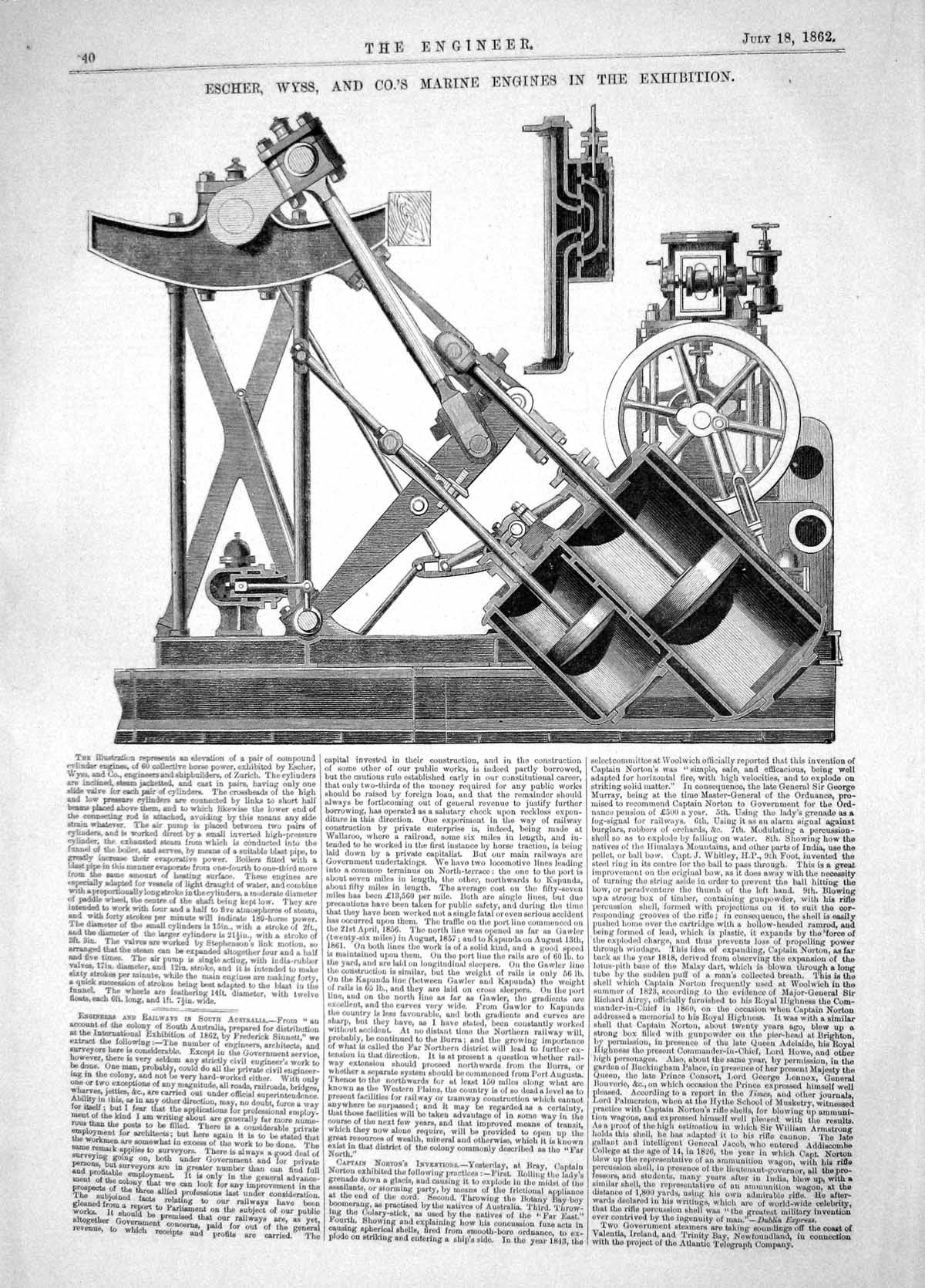 Antique Old Print 1862 Escher Wyss Marine Engines Compound Cylinder Machinery