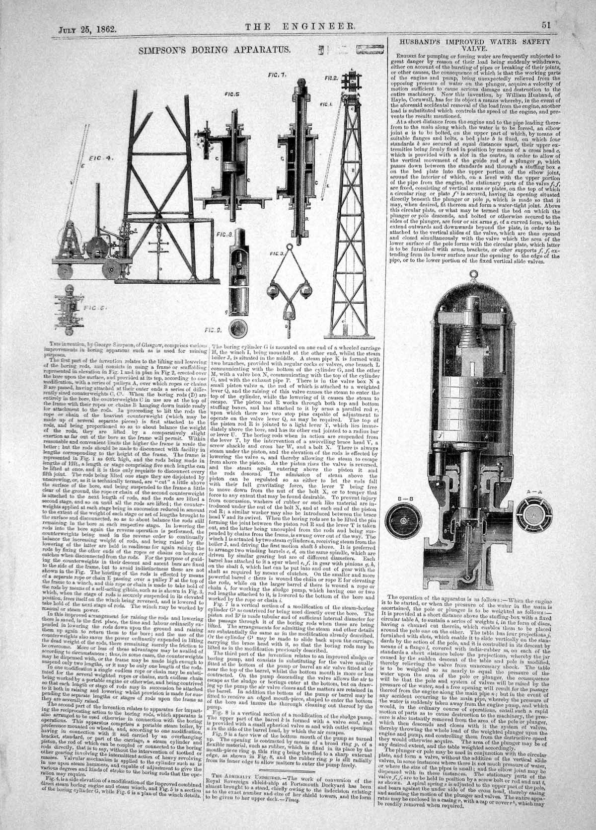 Antique Print 1862 Invention George Simpson Boring Apparatus Husband Valve 19th