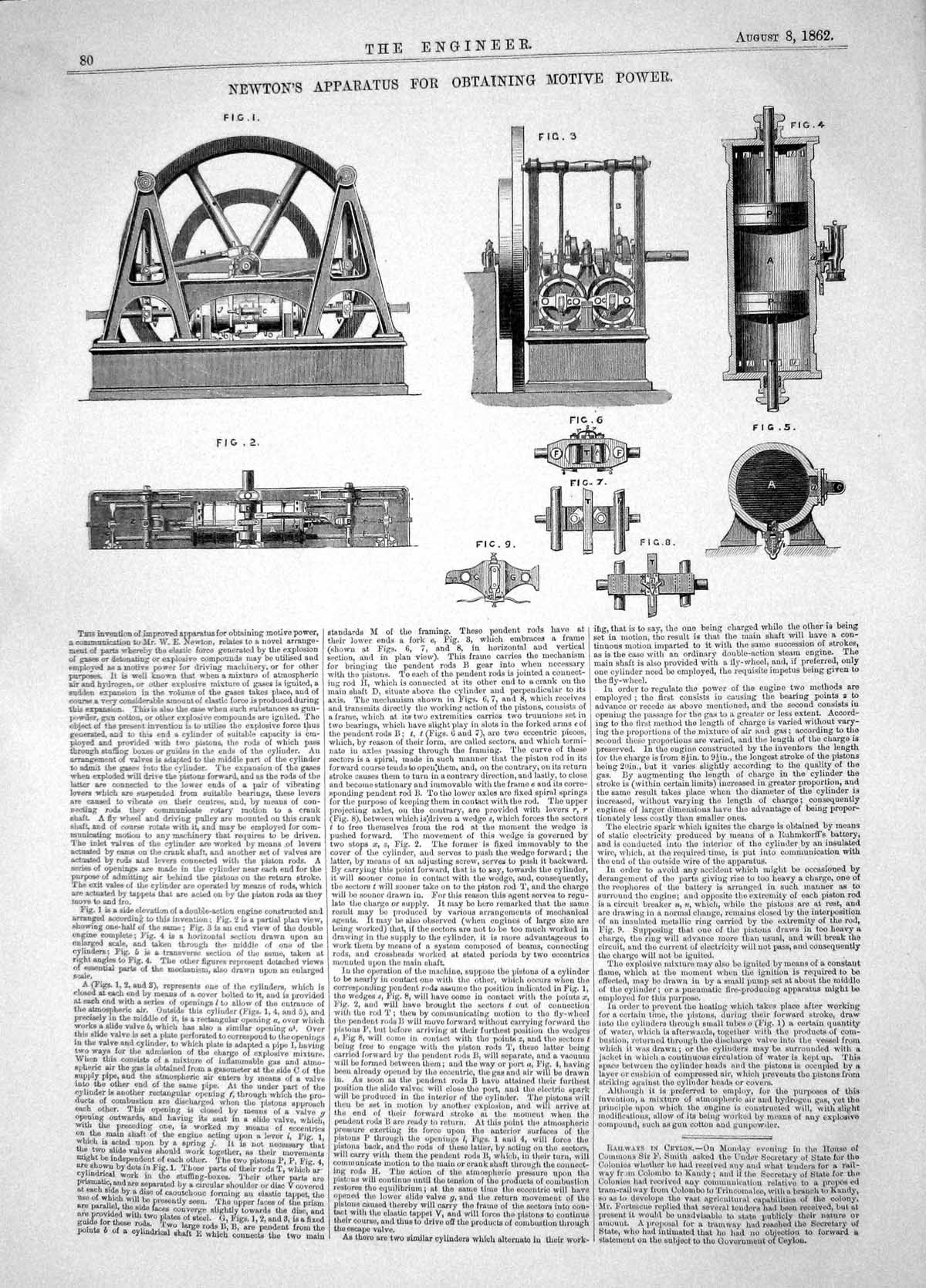 Old Engineering 1862 Invention Newton Apparatus Obtaining Motive Powe Victorian