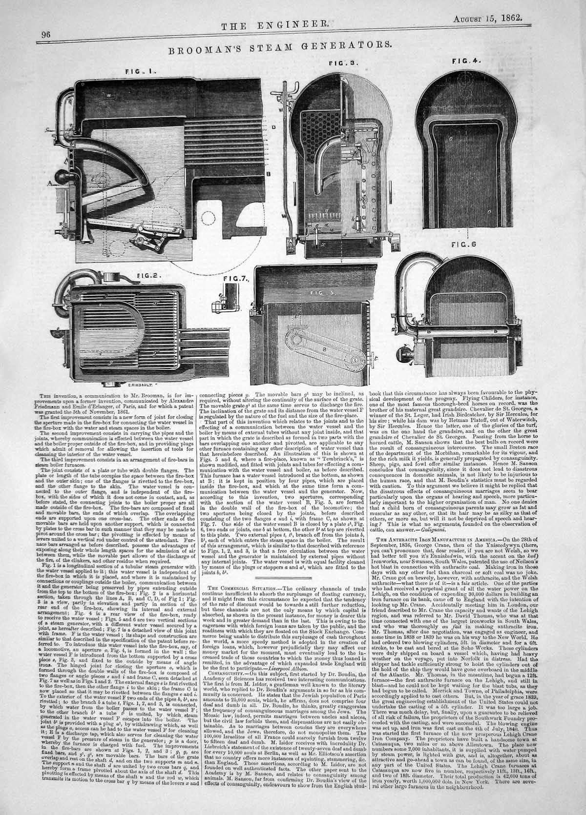 Antique Print Engineering 1862 Invention Brooman Steam Generators Machinery
