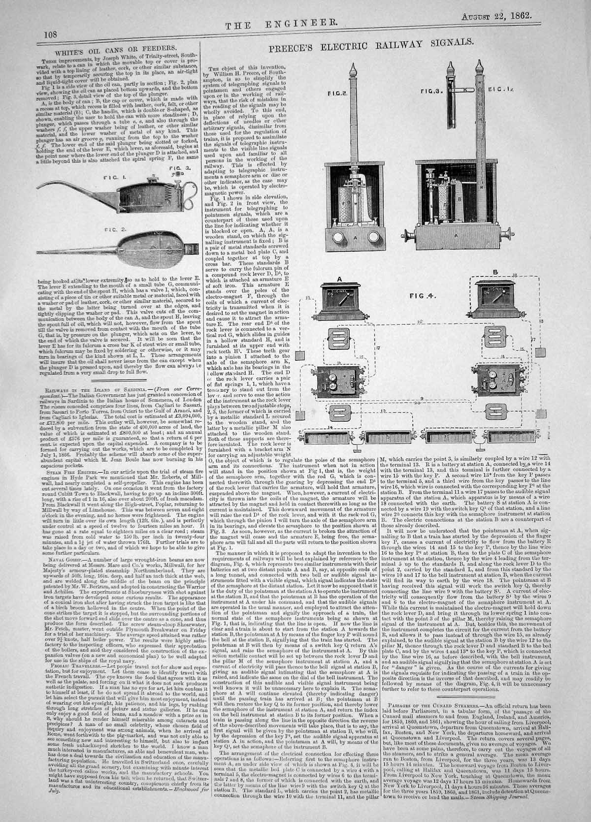 Antique Old Print 1862 William Preece Electric Railway Signals White Oil Cans