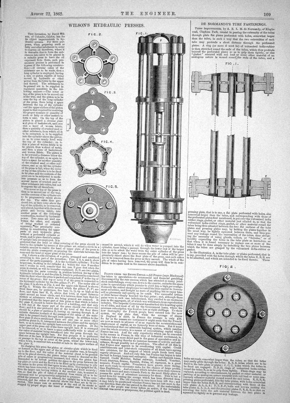 Old Print 1862 Invention David Wilson Hydraulic Presses De Normandy Tube 19th