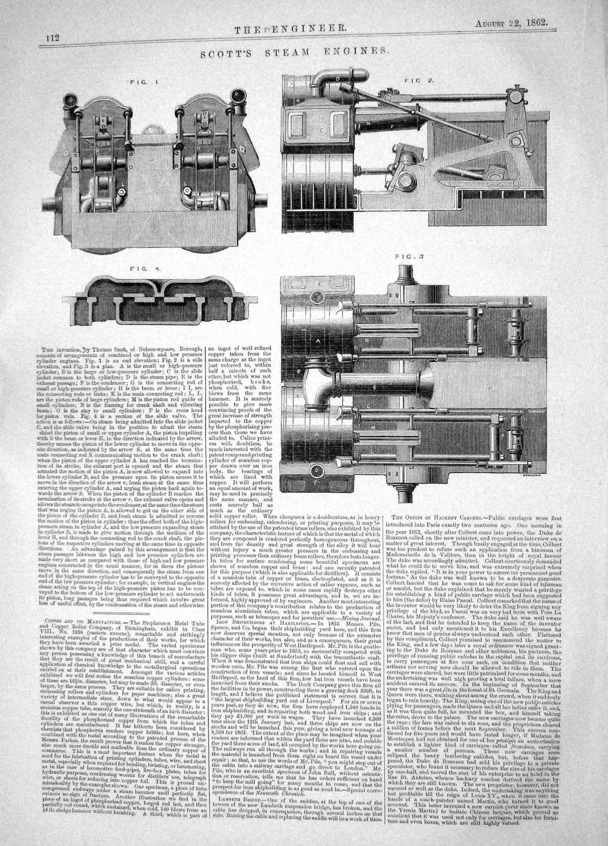 Old Print Engineering 1862 Invention Thomas Scott Cylinder Steam Engines 19th