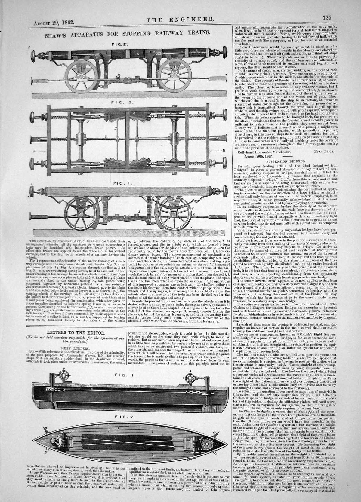 Old Engineering 1862 Ships Rudders Shaw Apparatus Stopping Railway Tr Victorian
