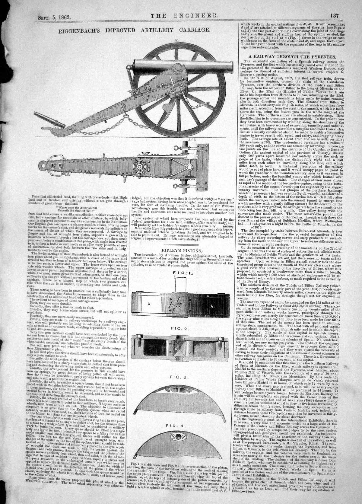 Antique Old Print 1862 Riggenbach Improved Artillery Carriage Ripley Pistons