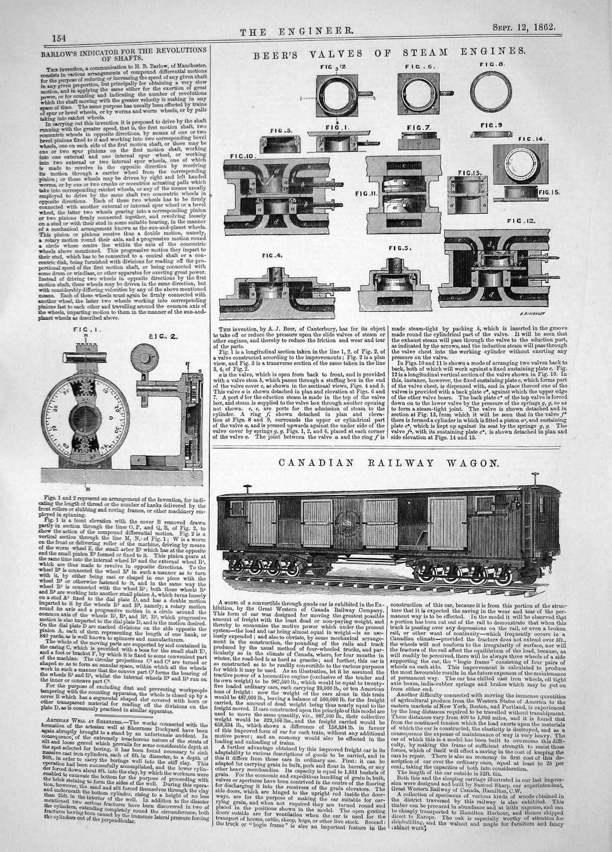 Old Print 1862 Barlow Indicator Beer Valves Steam Engines Canada Railway 19th