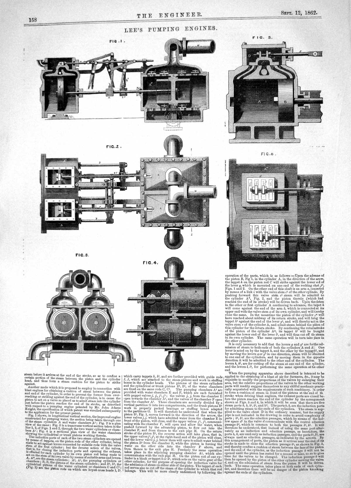 Antique Old Print Engineering 1862 Wellington Lee Pumping Engines Machinery