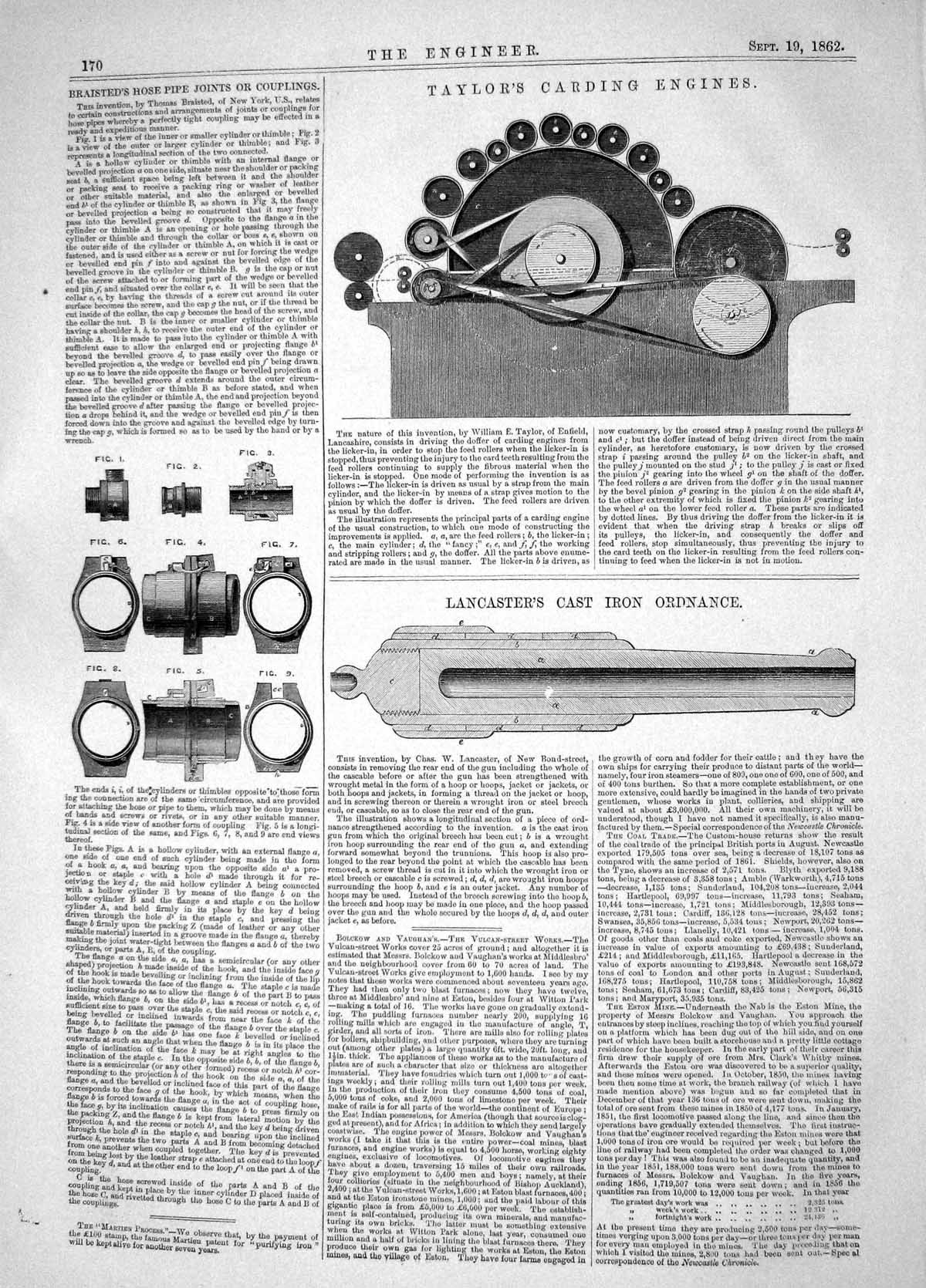 Old Print 1862 William Taylor Carding Engines Lancaster Ordnance Braisted 19th