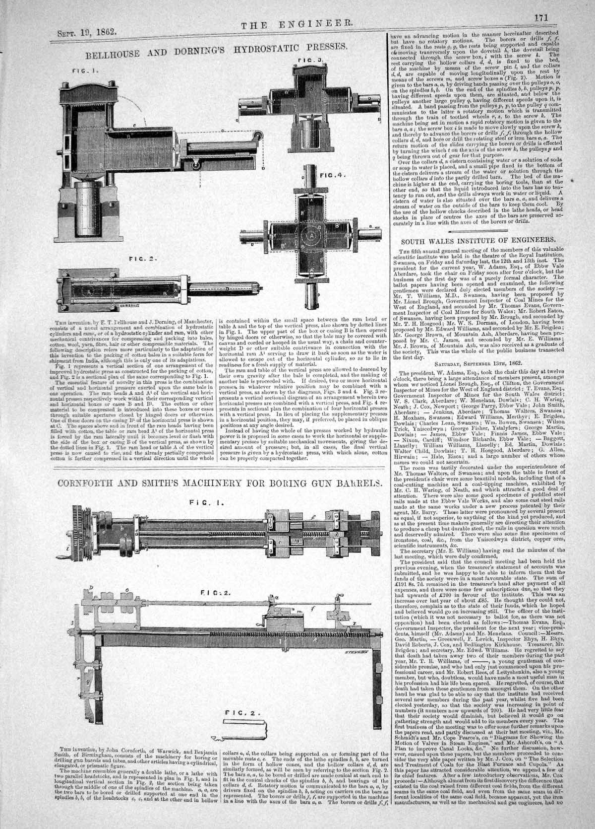 Antique Old Print 1862 Bellhouse Dorning Hydrostatic Presses Cornforth Smith