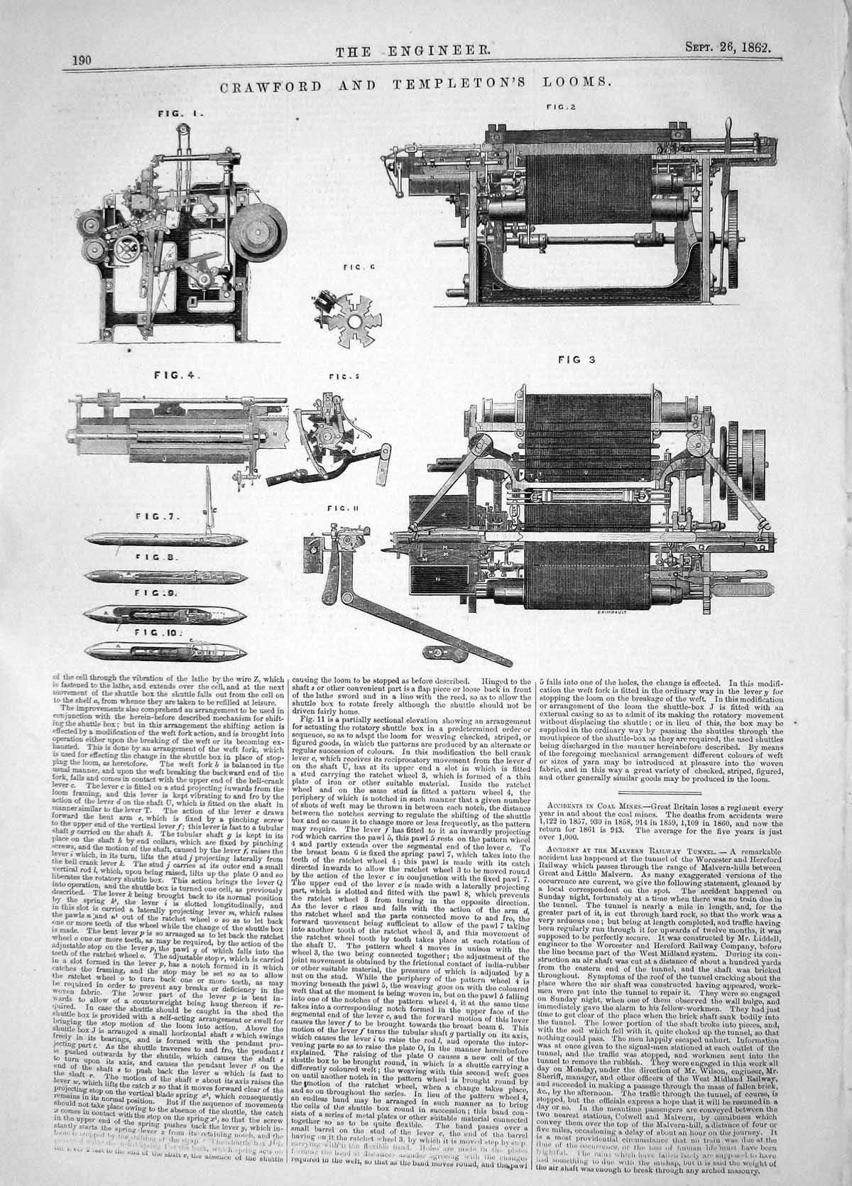 Antique Print Engineering 1862 Invention Crawford Templeton Looms Machinery