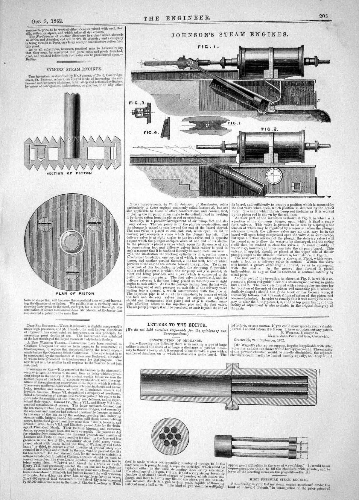 Antique Old Print 1862 Symons Steam Engines Johnson Plan Piston Ordnance Gun