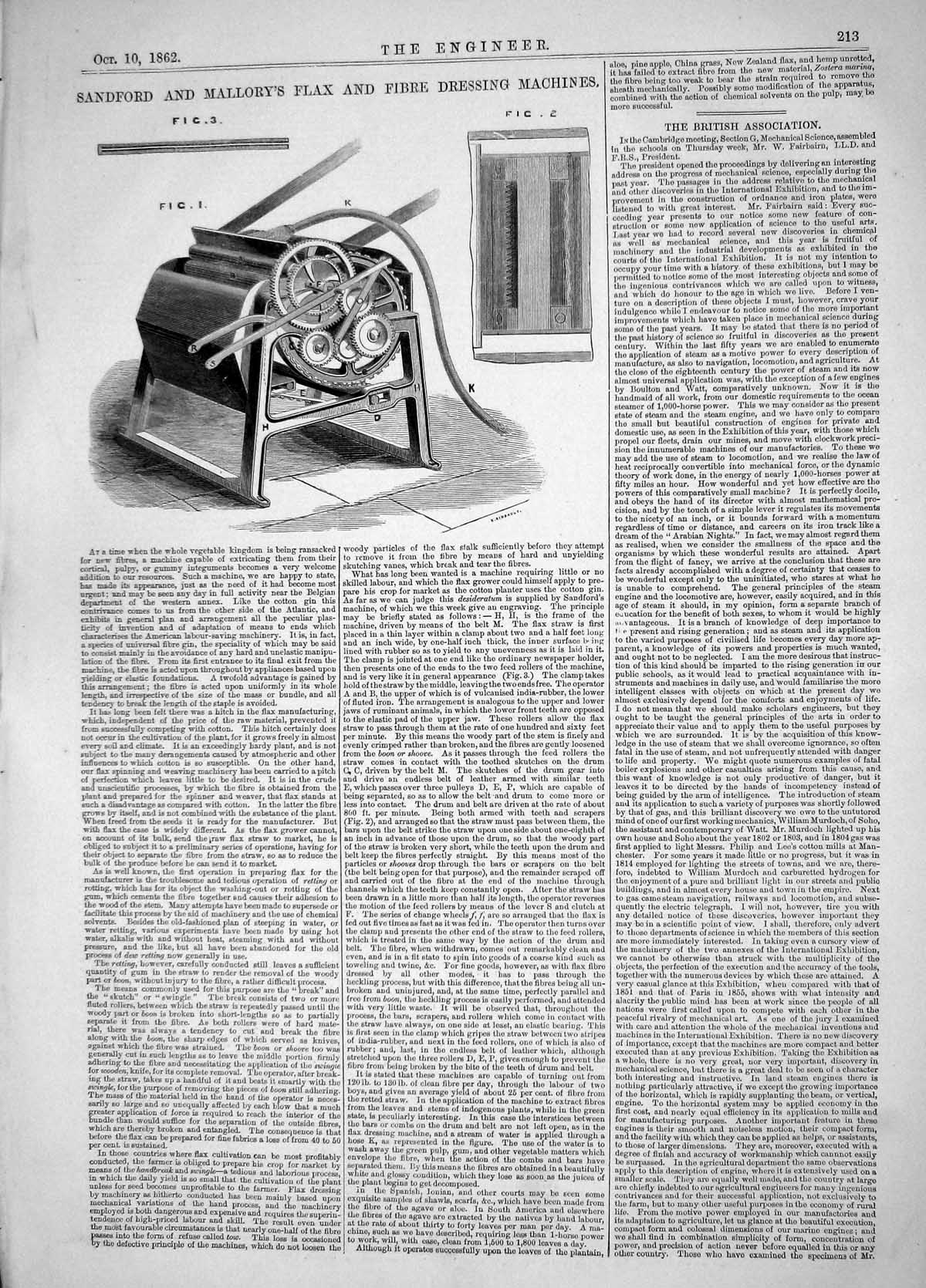 Old Print Engineering 1862 Sandford Mallory Flax Fibre Dressing Machines 19th