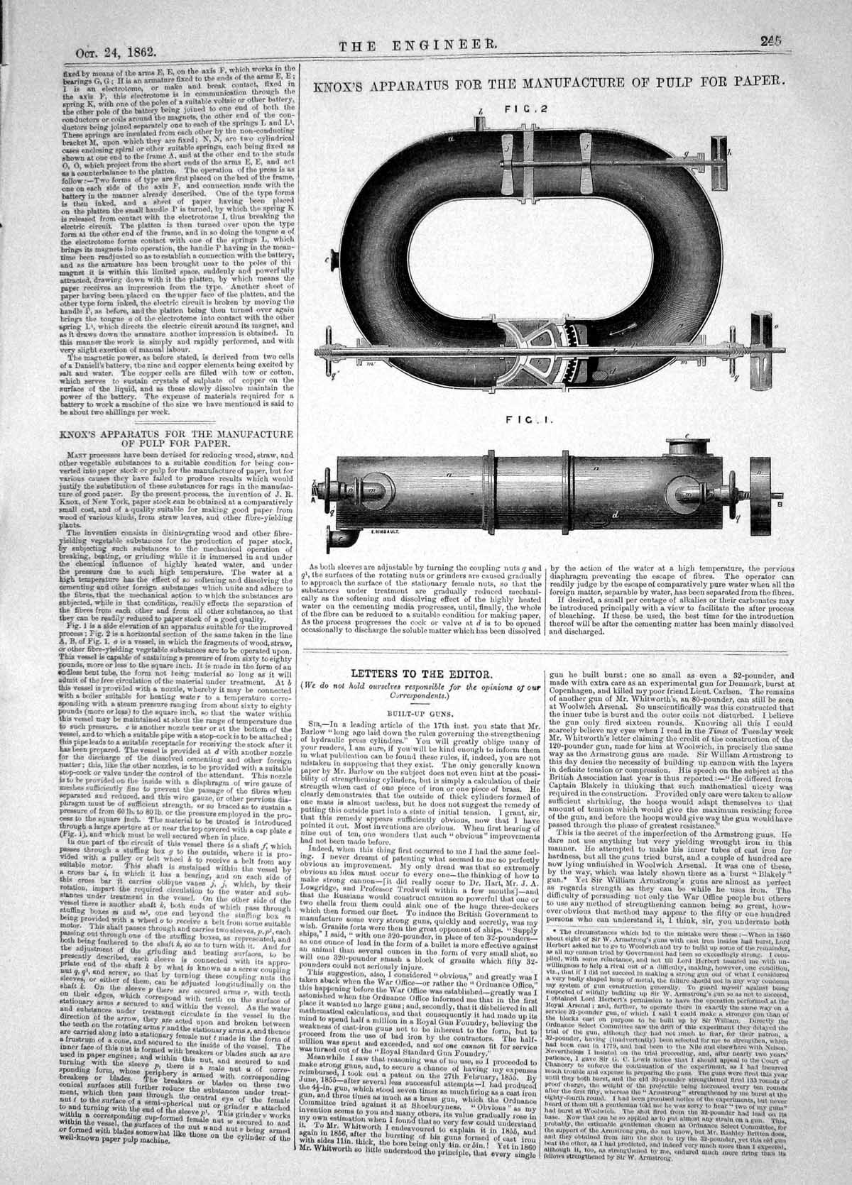 Old Print 1862 Invention Knox Apparatus Manufacture Pulp Paper Machinery 19th