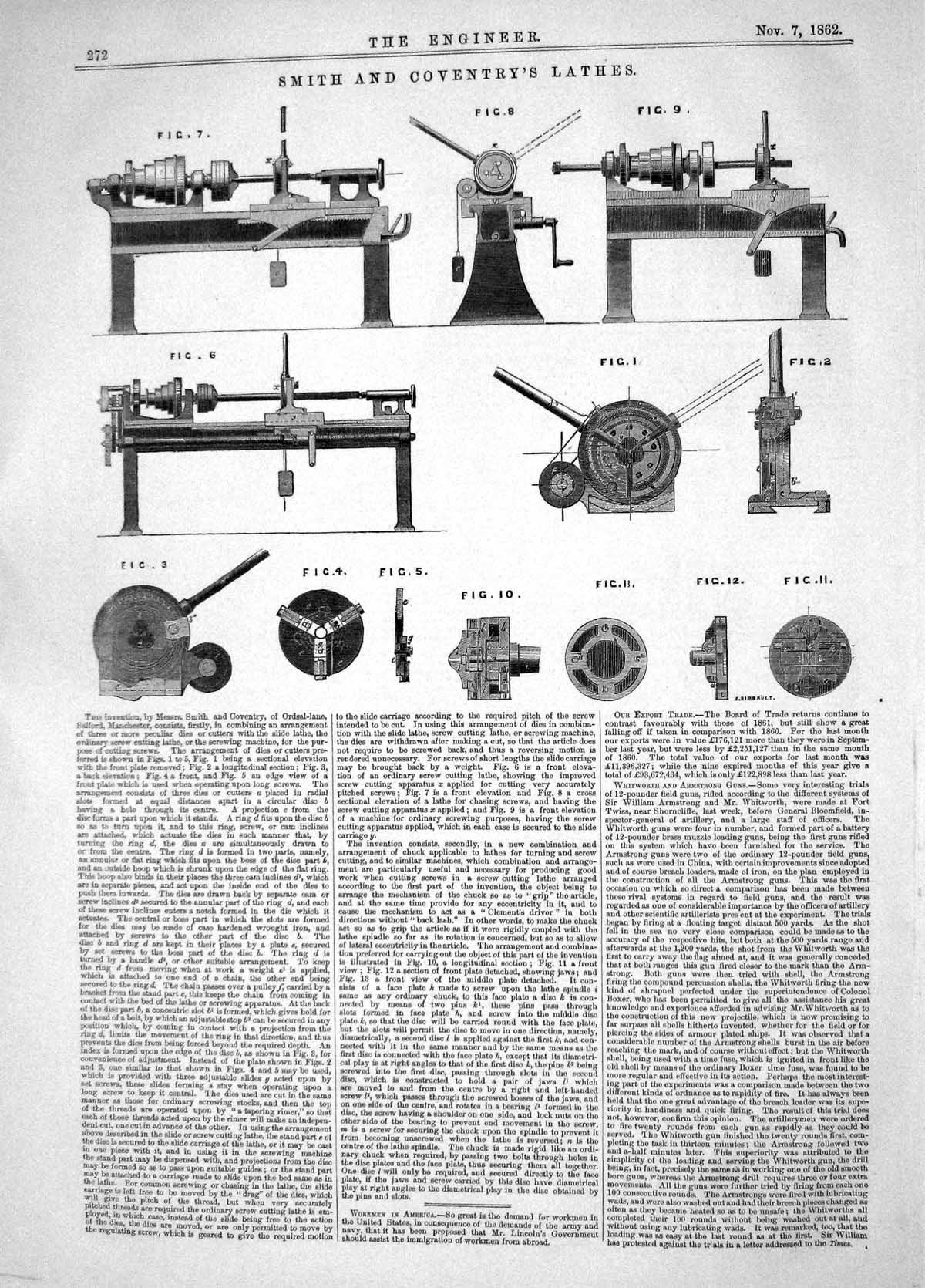Antique Old Print Engineering 1862 Invention Smith Coventry Lathes Machinery