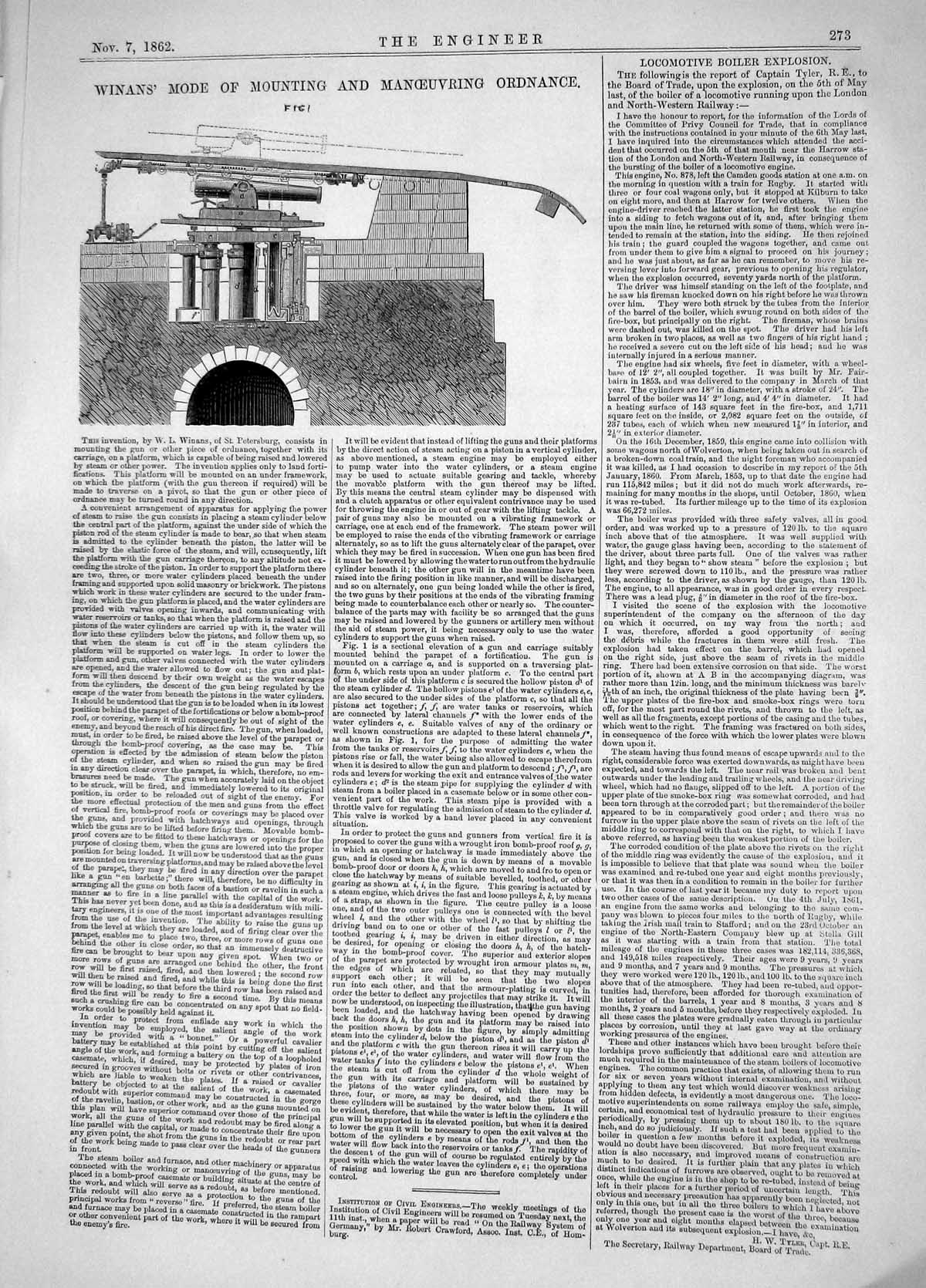 Old Print Engineering 1862 Winans Mode Mounting Manoeuvring Ordnance Gun 19th