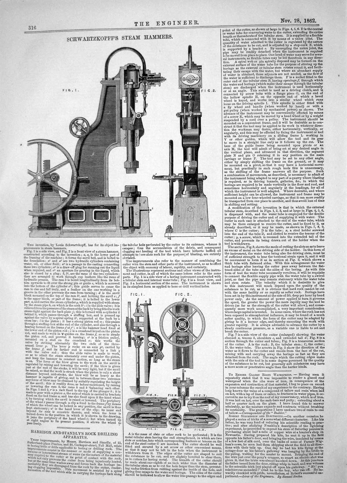 Old Print 1862 Harrison Standly Rock Drilling Schwartzopff Steam Hammers 19th
