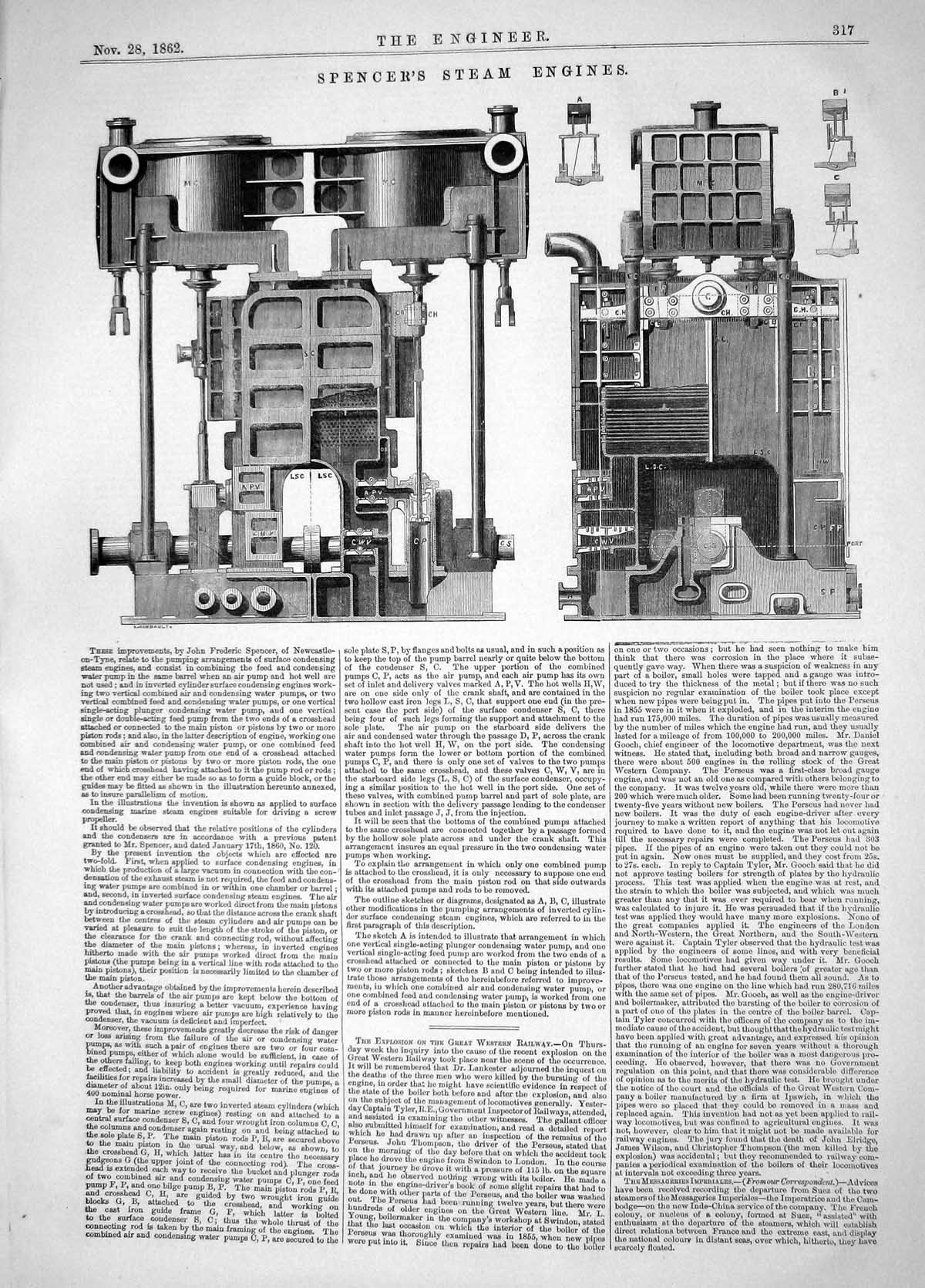Old Print Engineering 1862 John Frederic Spencer Steam Engines Machinery 19th