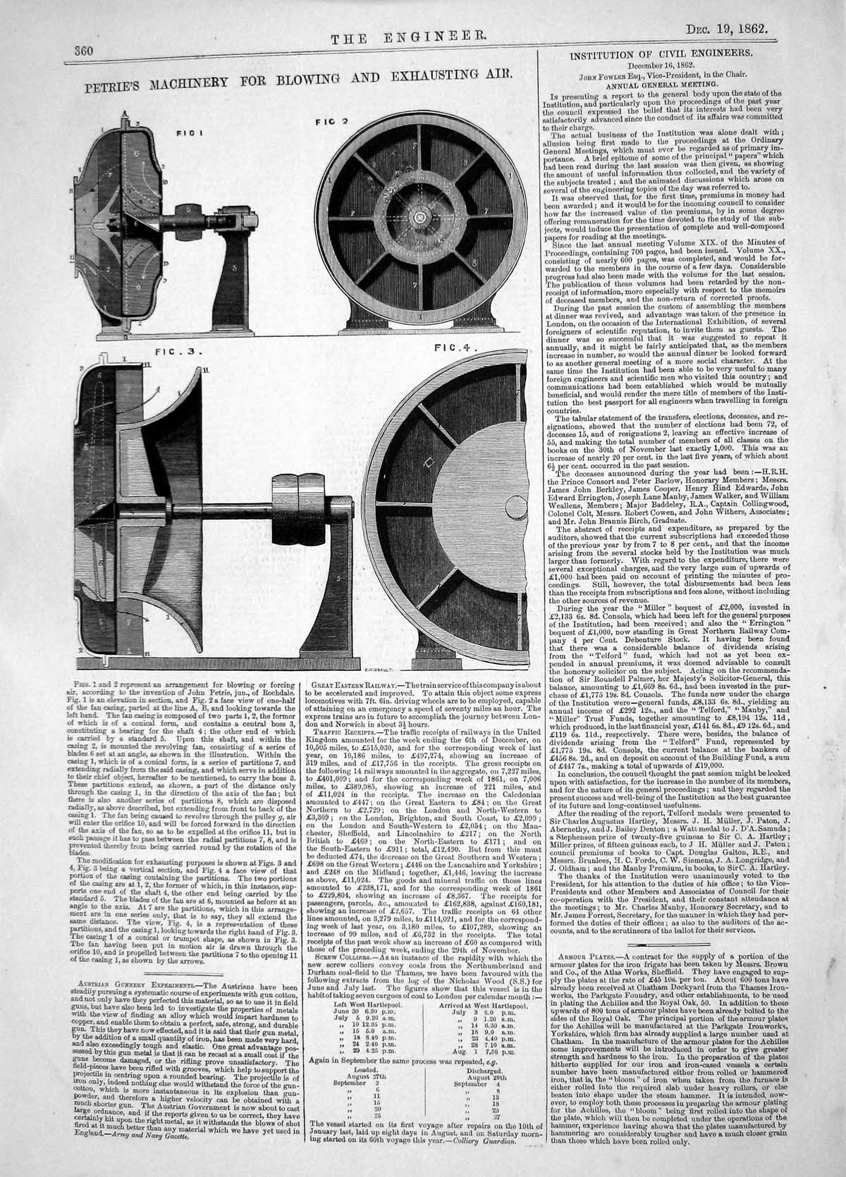Antique Old Print Engineering 1862 Petrie Machinery Blowing Exhausting Air 19th