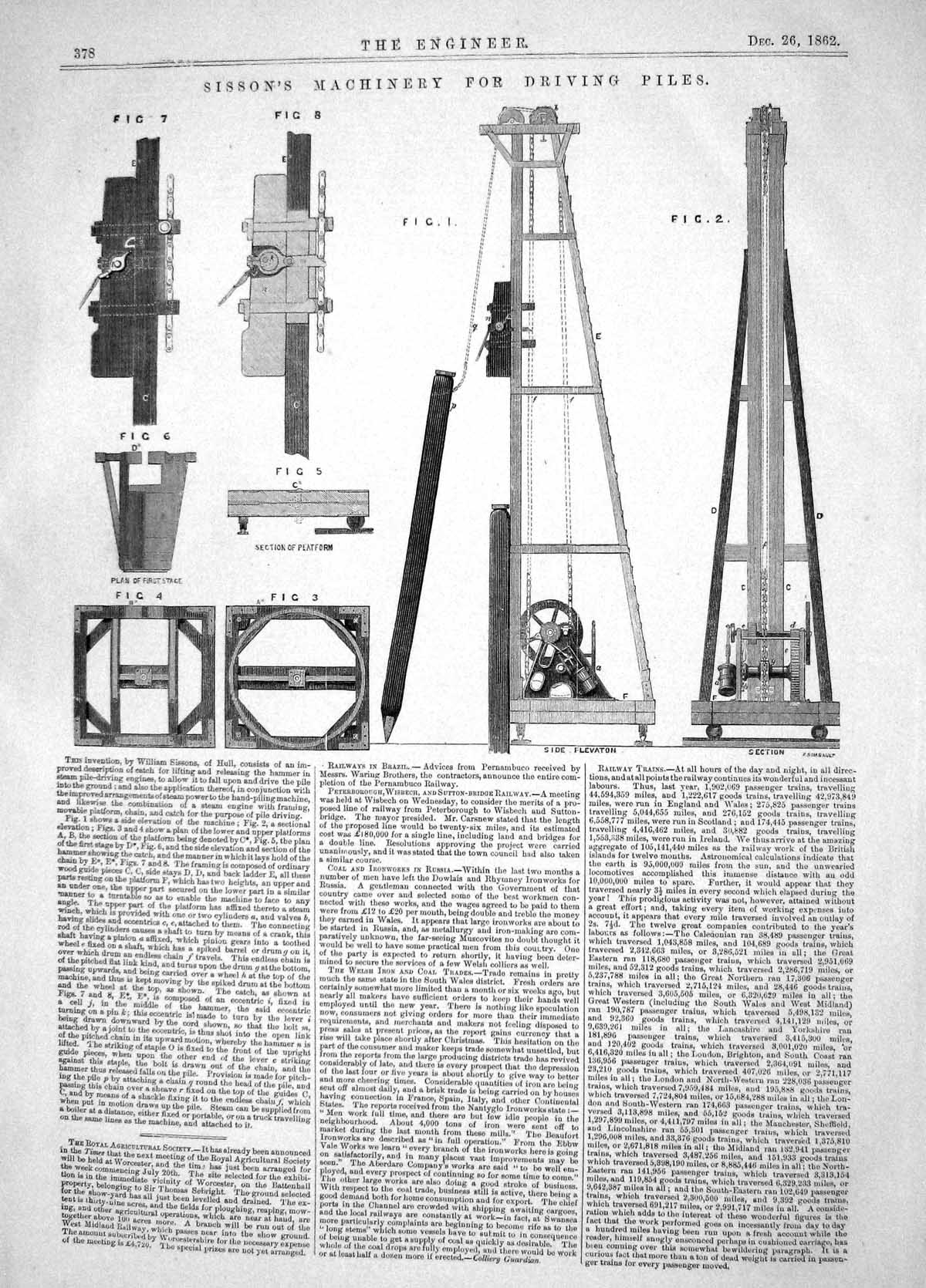 Old Engineering 1862 Invention William Sisson Machinery Driving Piles Victorian