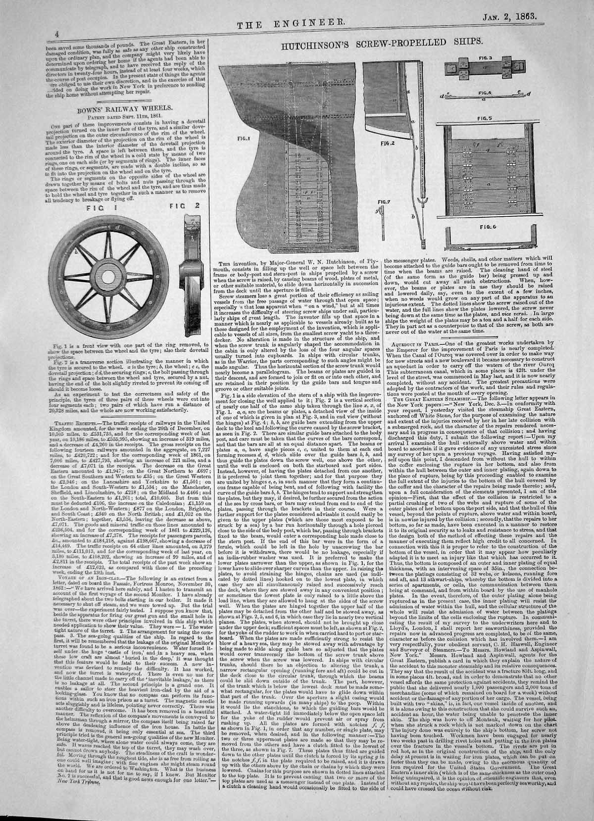 Antique Old Print 1863 Hutchinson Screw-Propelled Ships Browns Railway Wheels