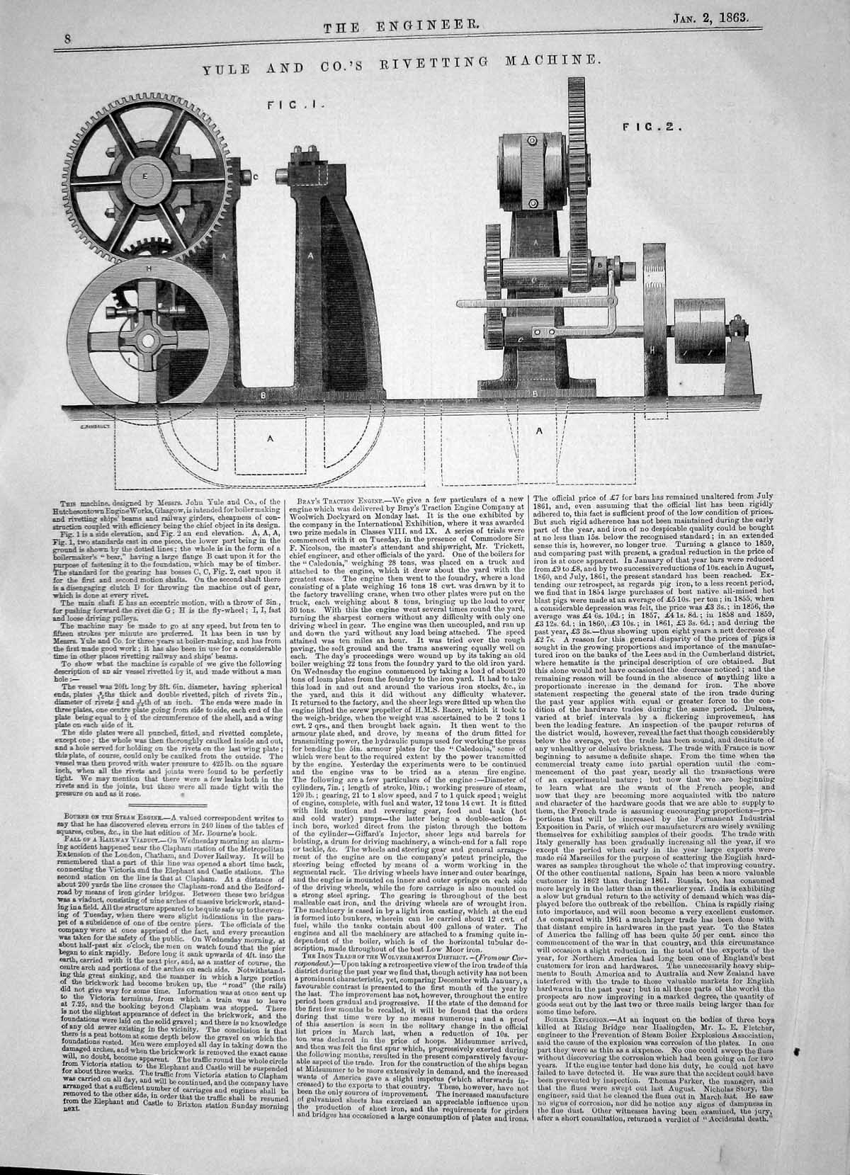 Antique Old Print 1863 John Yule Rivetting Machine Hutchesontown Engine Works