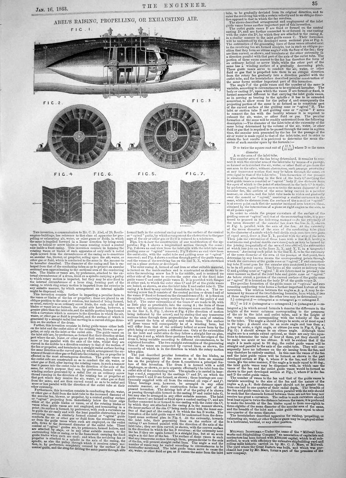 Old Engineering 1863 Invention Abel Raising Propelling Exhausting Air Victorian