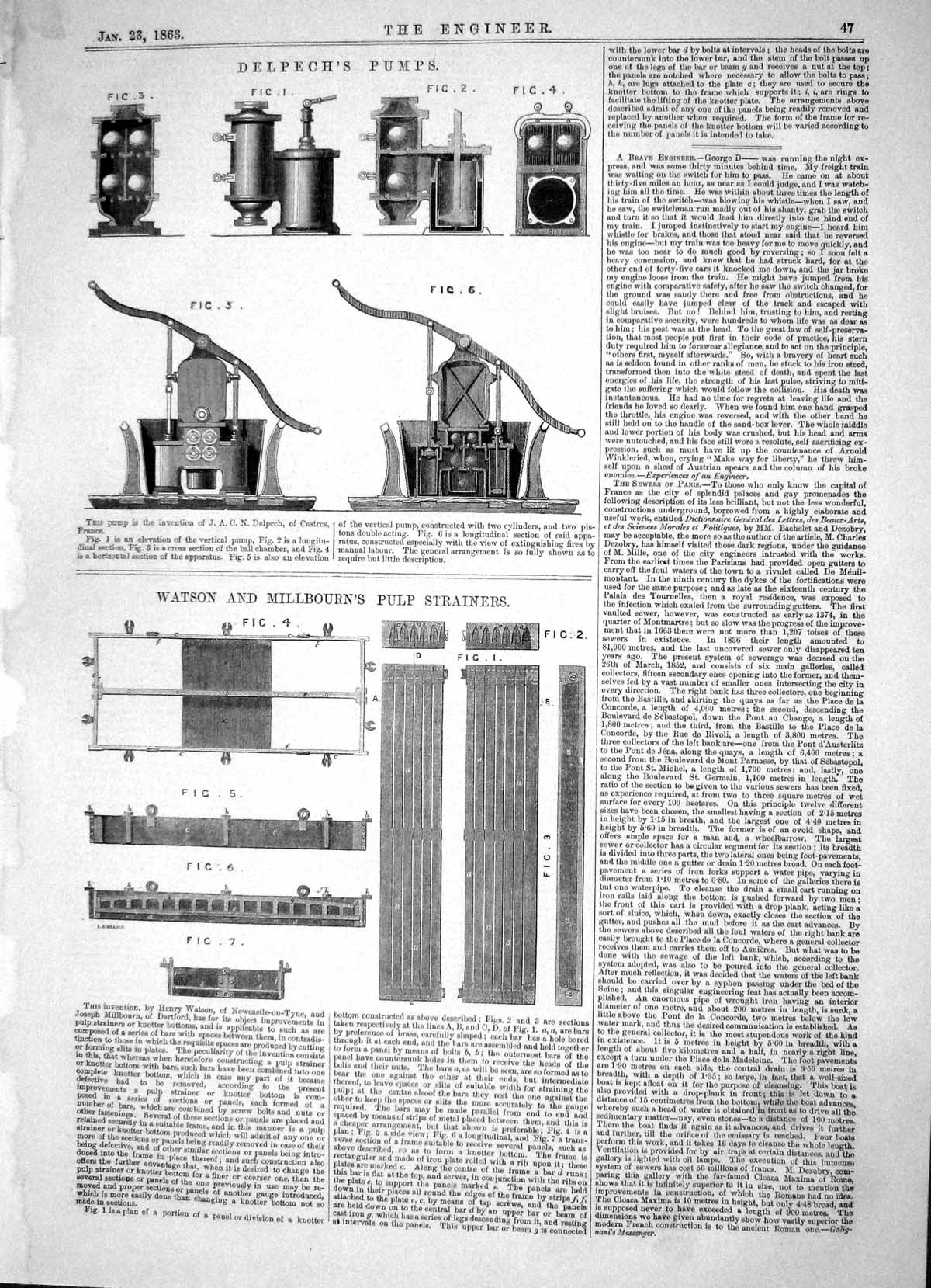 Antique Print 1863 Delpech Pumps Watson Millbourn Pulp Strainers Machinery 19th