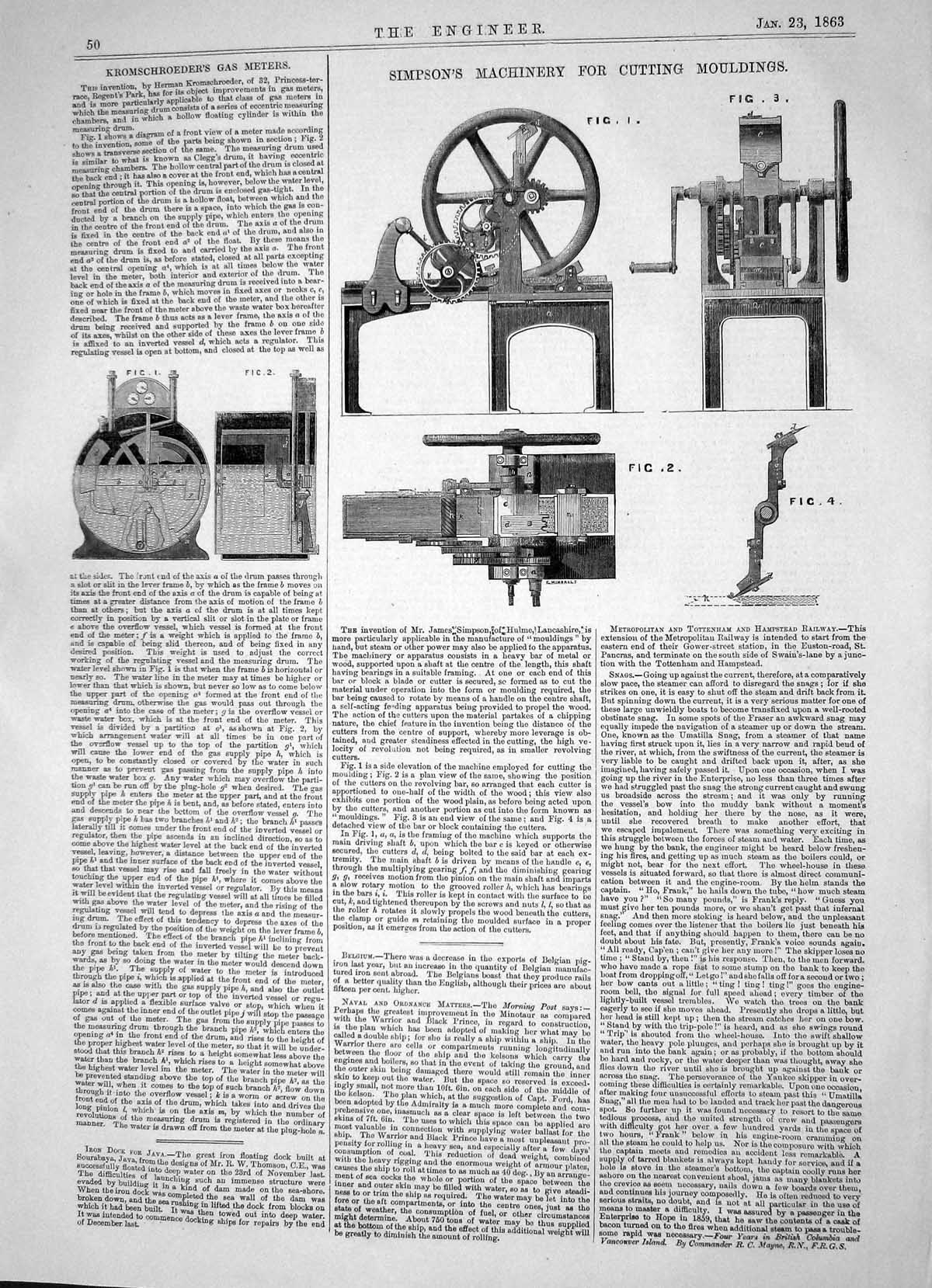 Antique Old Print 1863 Simpson Machinery Cutting Mouldings Kromschroeder Gas