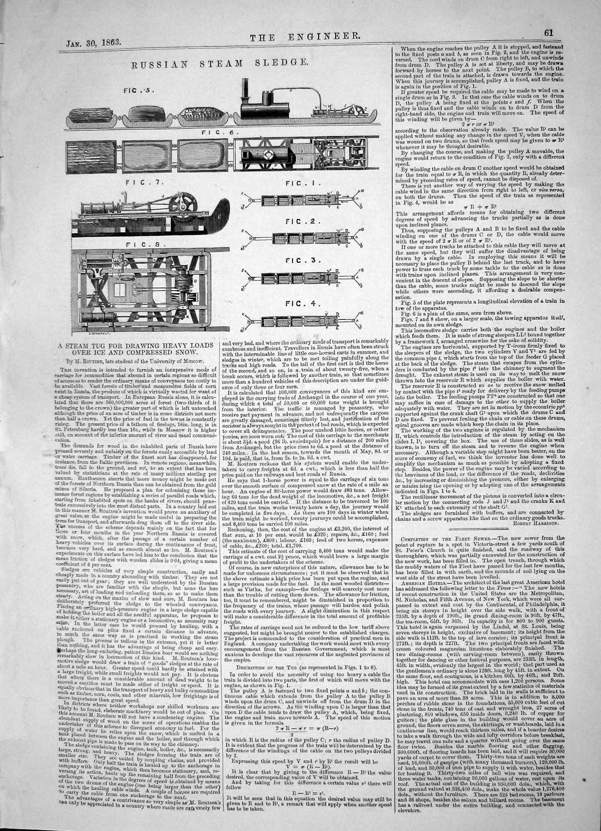 Antique Old Print 1863 Russian Steam Sledge Tug Drawing Heavy Loads Ice Snow