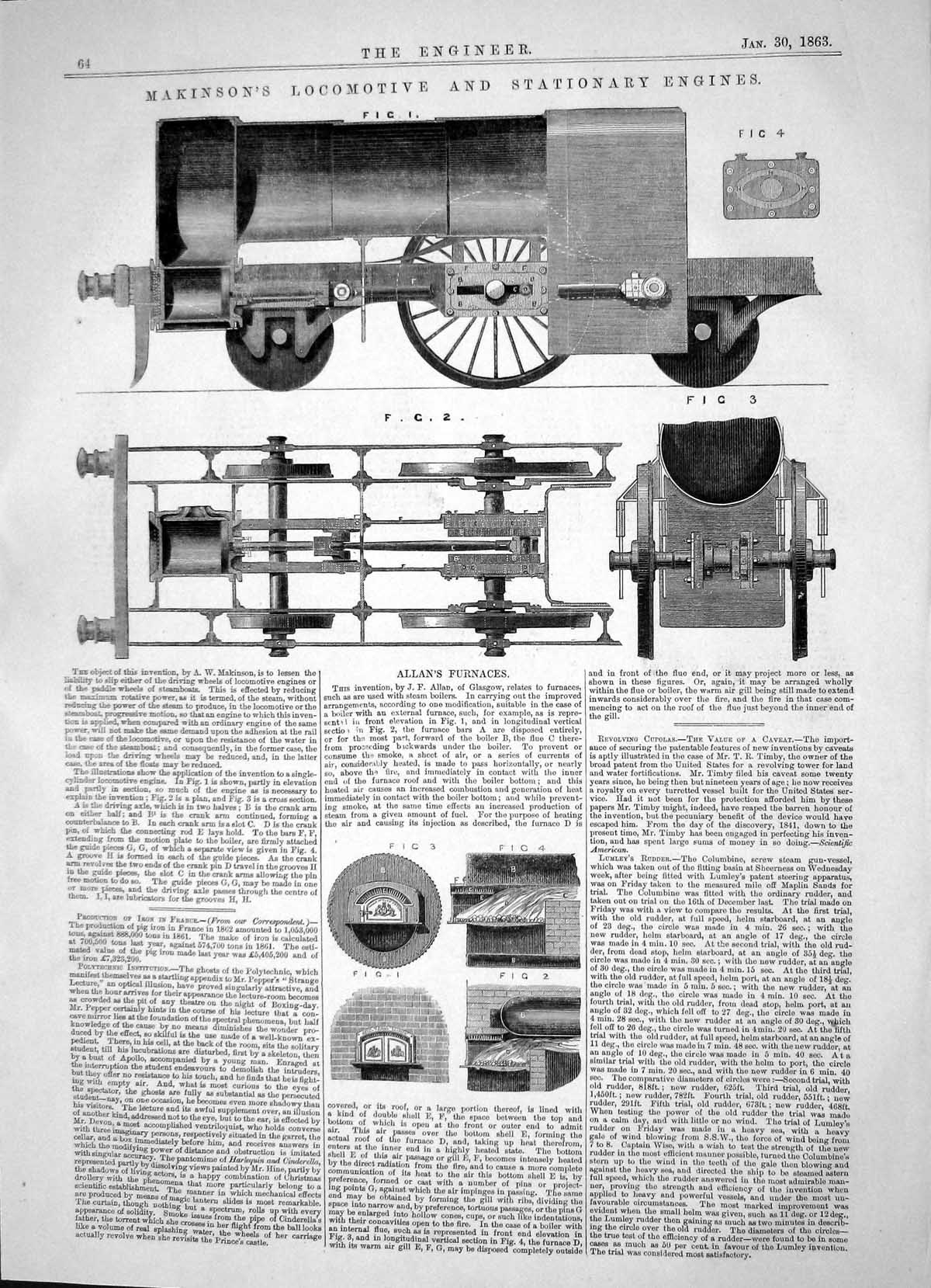 Old Print 1863 Makinson Locomotive Stationary Engine Train Allan Furnaces 19th