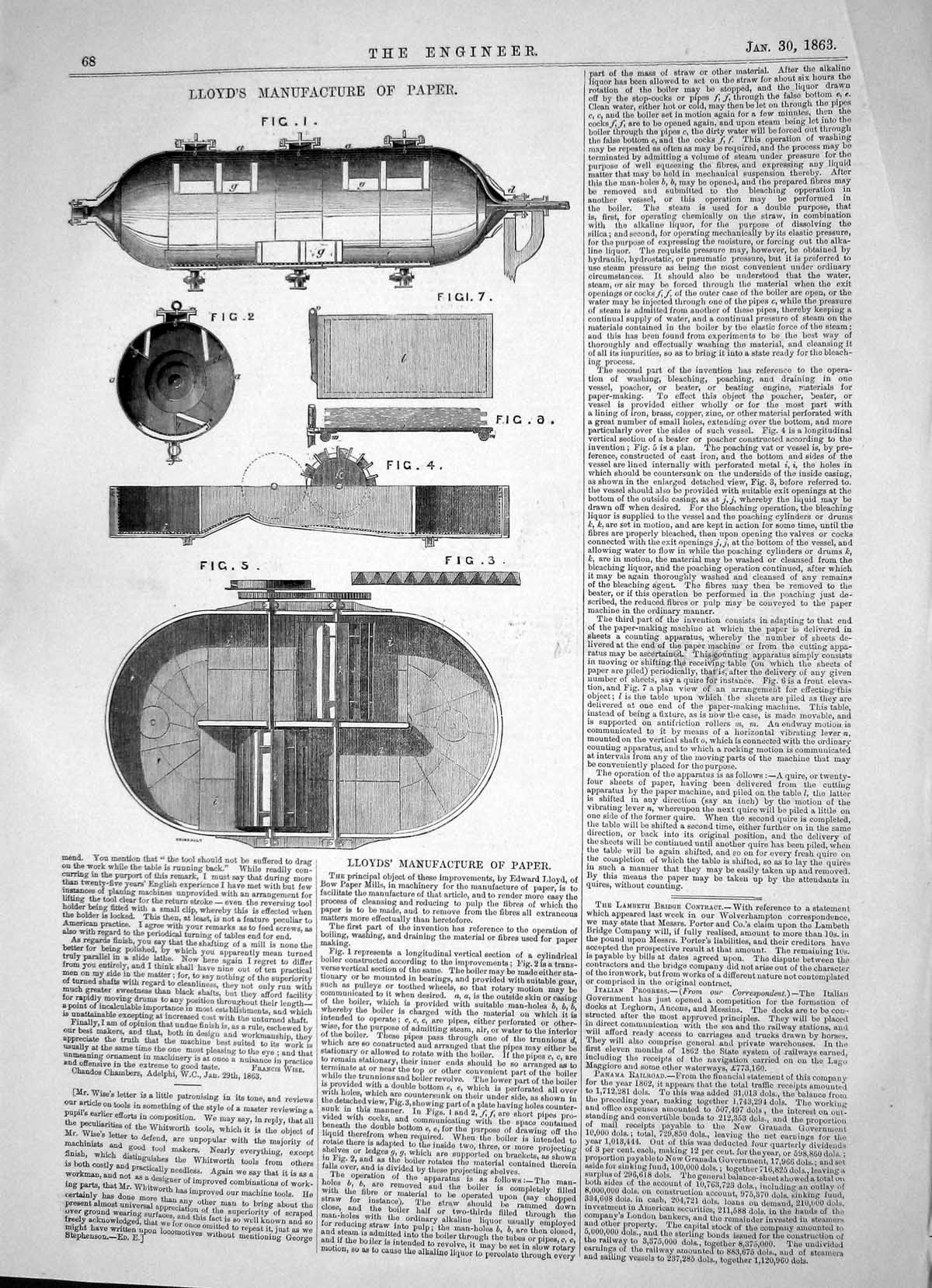 Antique Old Print Engineering 1863 Edward Lloyds Manufacture Paper Machinery