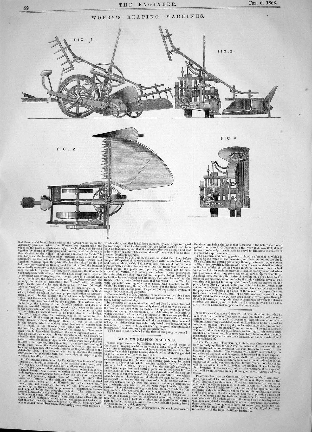 Antique Old Print Engineering 1863 William Worby Reaping Machines Agriculture