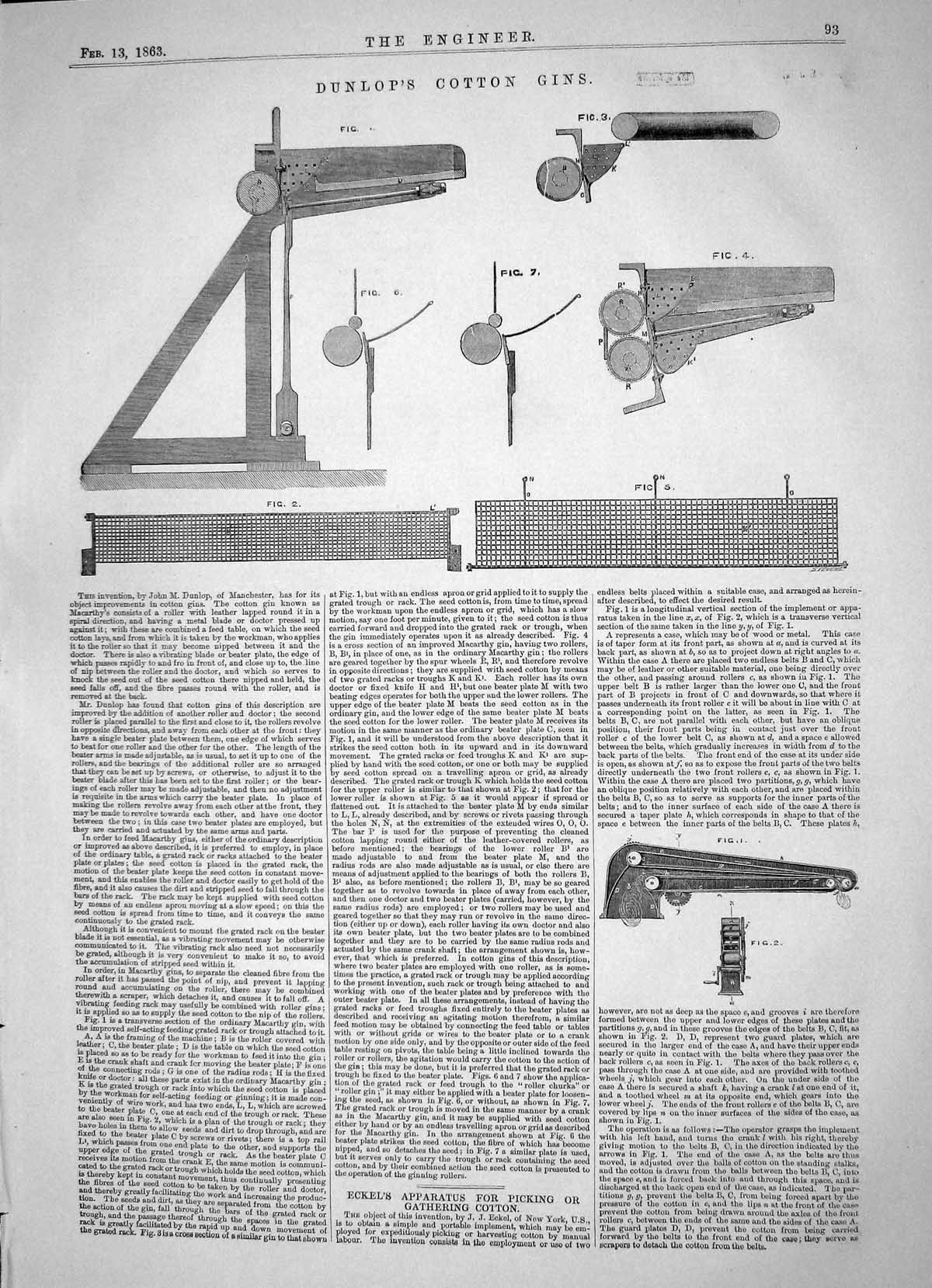 Old Print 1863 Invention John Dunlop Cotton Gins Eckel Apparatus Picking 19th