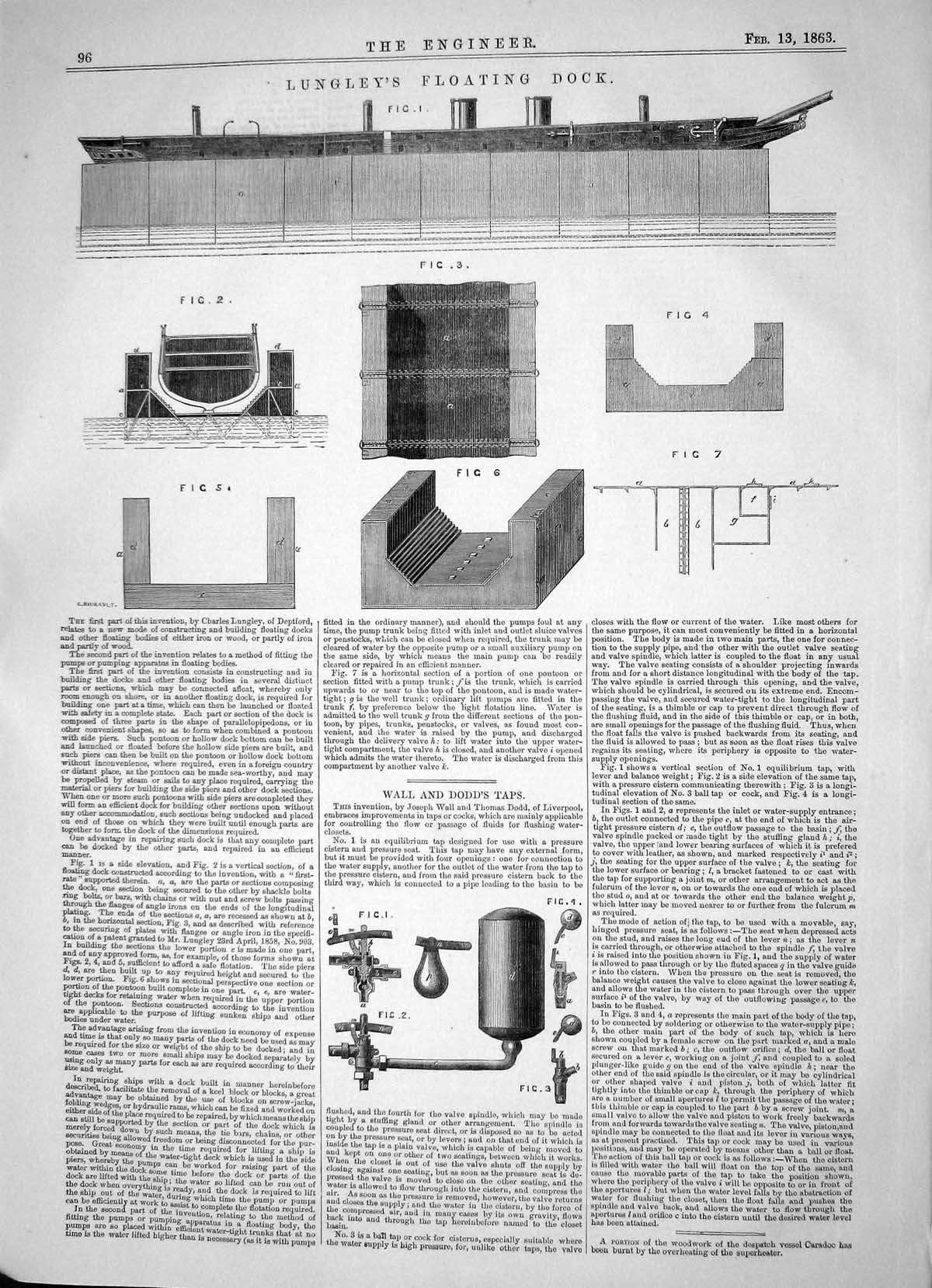 Antique Old Print 1863 Charles Lungley Floating Dock Wall Dodd Taps Machinery